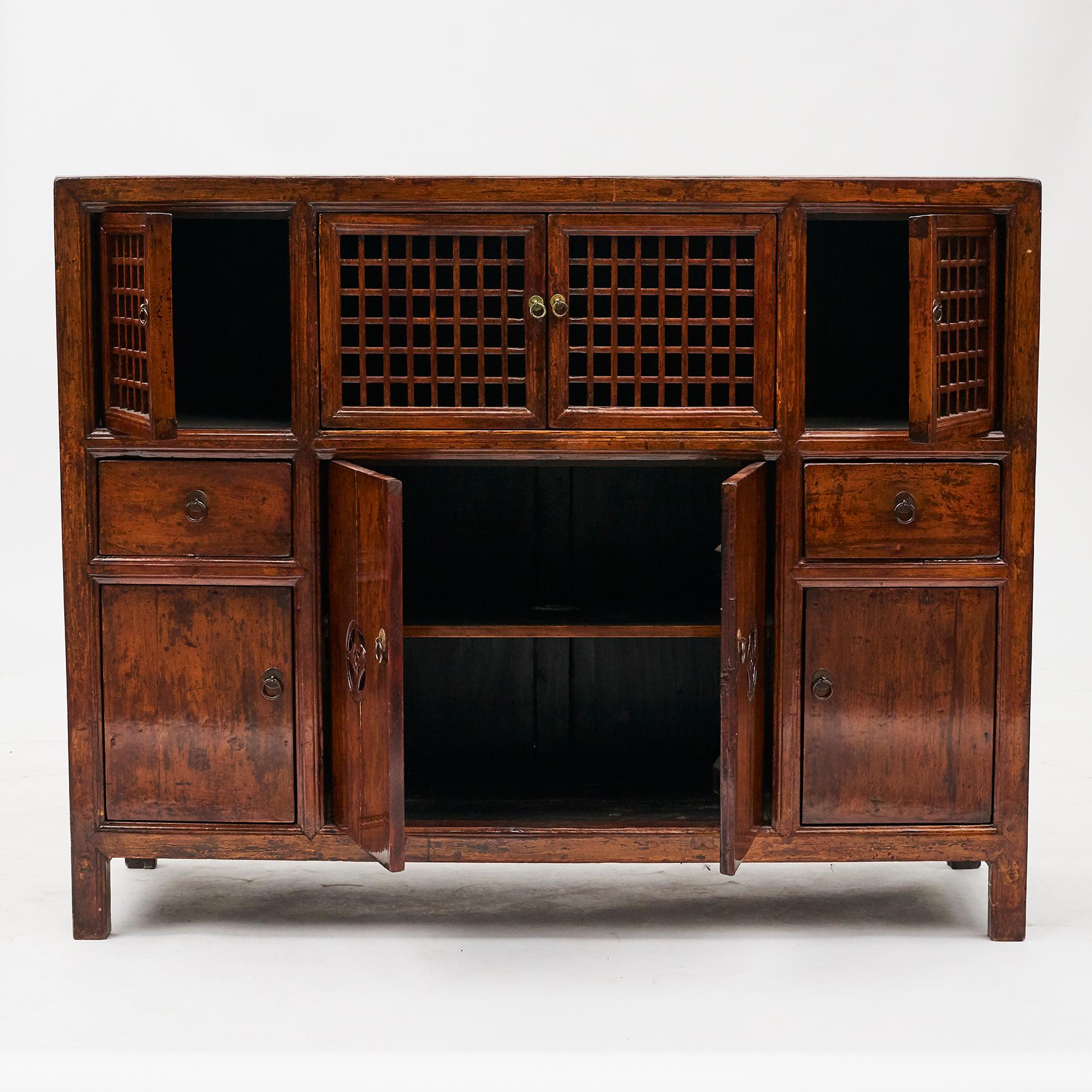Qing 19th Century Chinese Lattice Door Cabinet with Original Lacquer