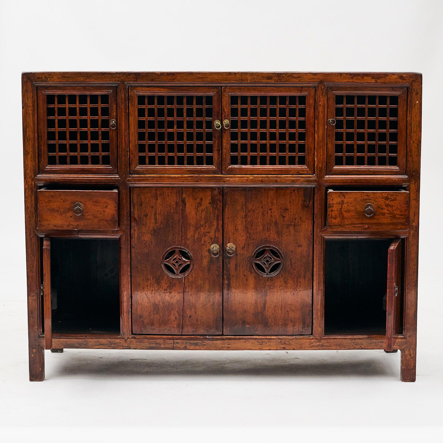 Lacquered 19th Century Chinese Lattice Door Cabinet with Original Lacquer