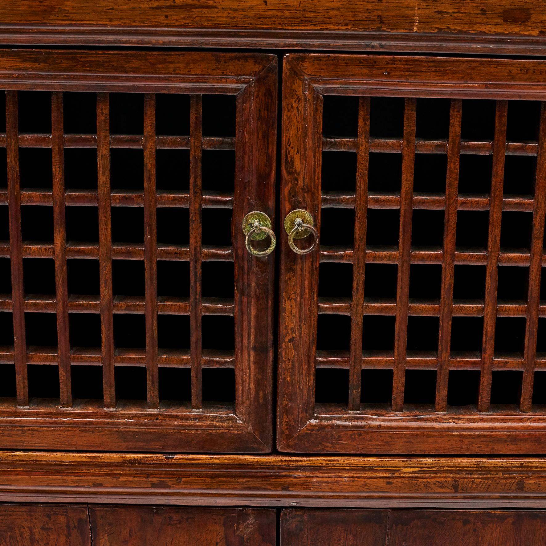 Metal 19th Century Chinese Lattice Door Cabinet with Original Lacquer