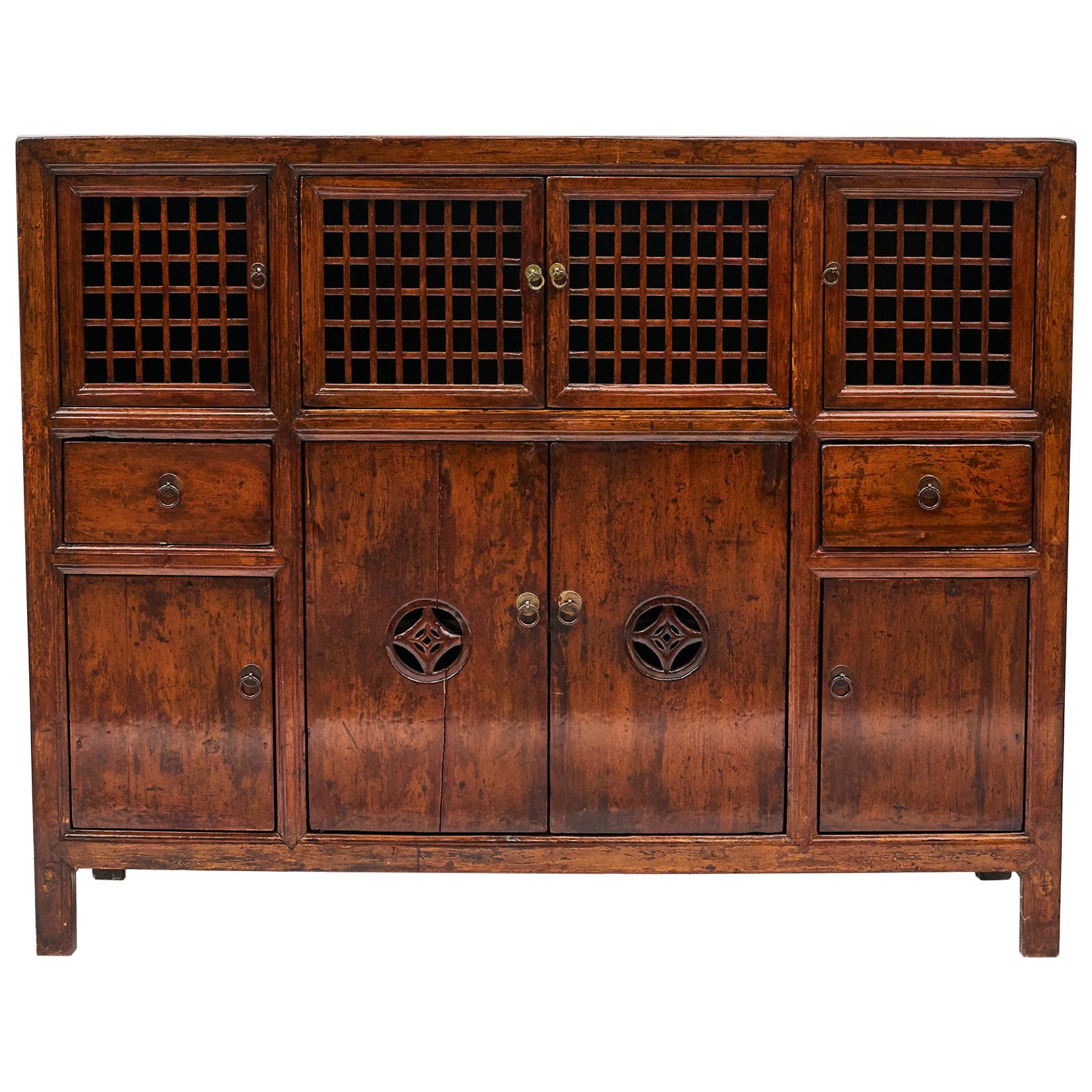 19th Century Chinese Lattice Door Cabinet with Original Lacquer