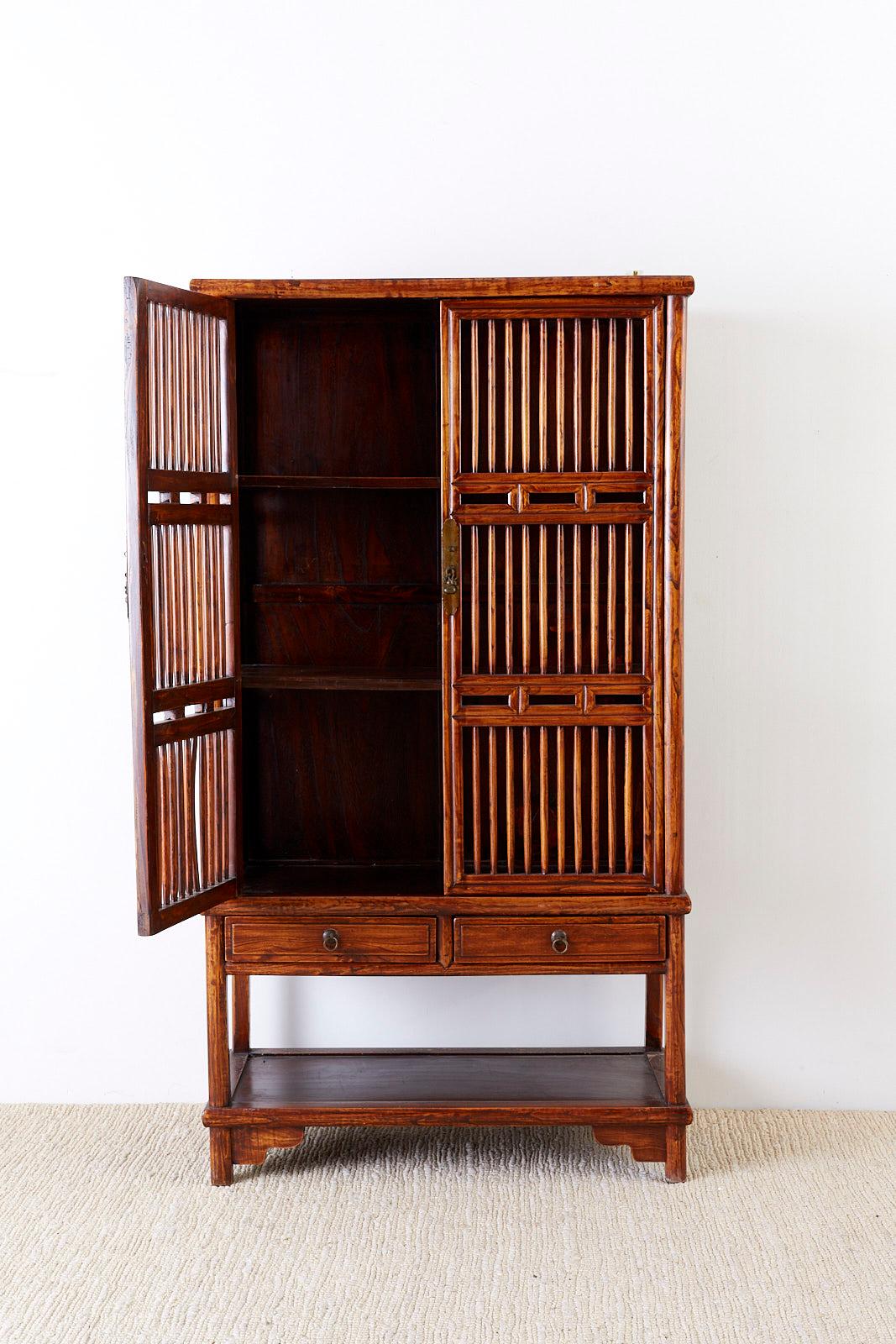 19th Century Chinese Lattice Elm Kitchen Cupboard Cabinet 2