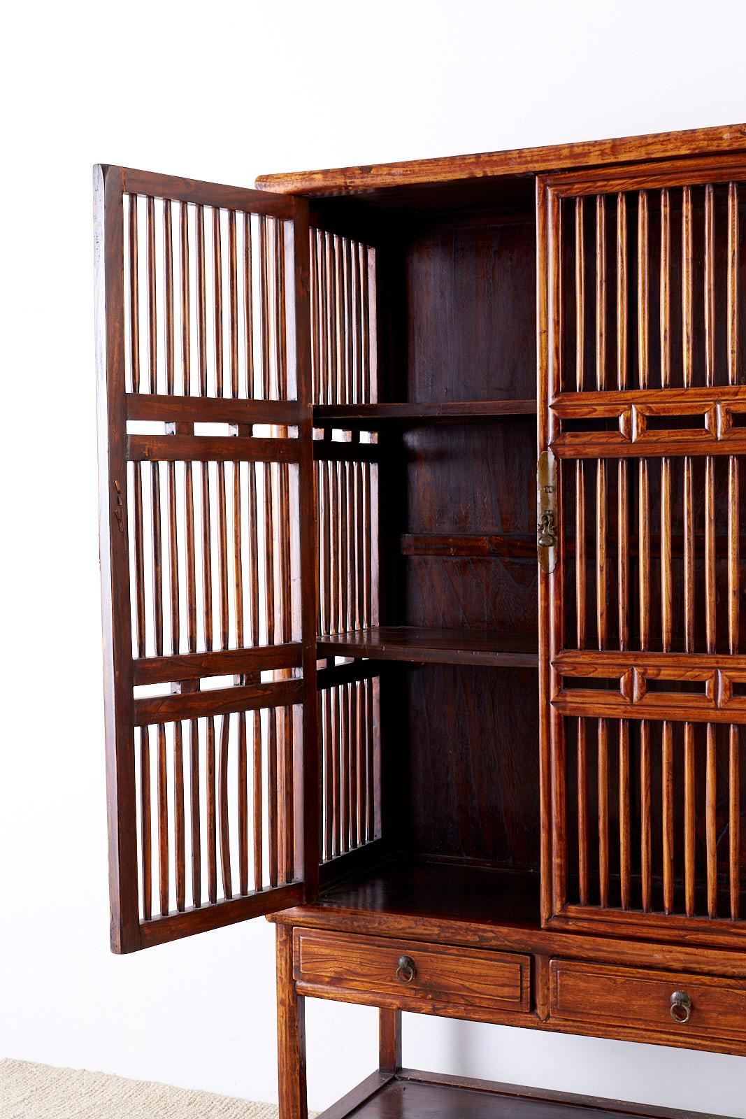 19th Century Chinese Lattice Elm Kitchen Cupboard Cabinet 3