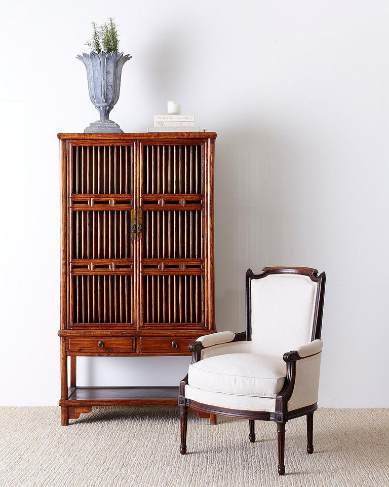 19th Century Chinese Lattice Elm Kitchen Cupboard Cabinet For Sale