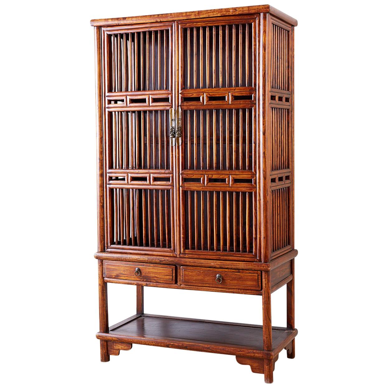 19th Century Chinese Lattice Elm Kitchen Cupboard Cabinet