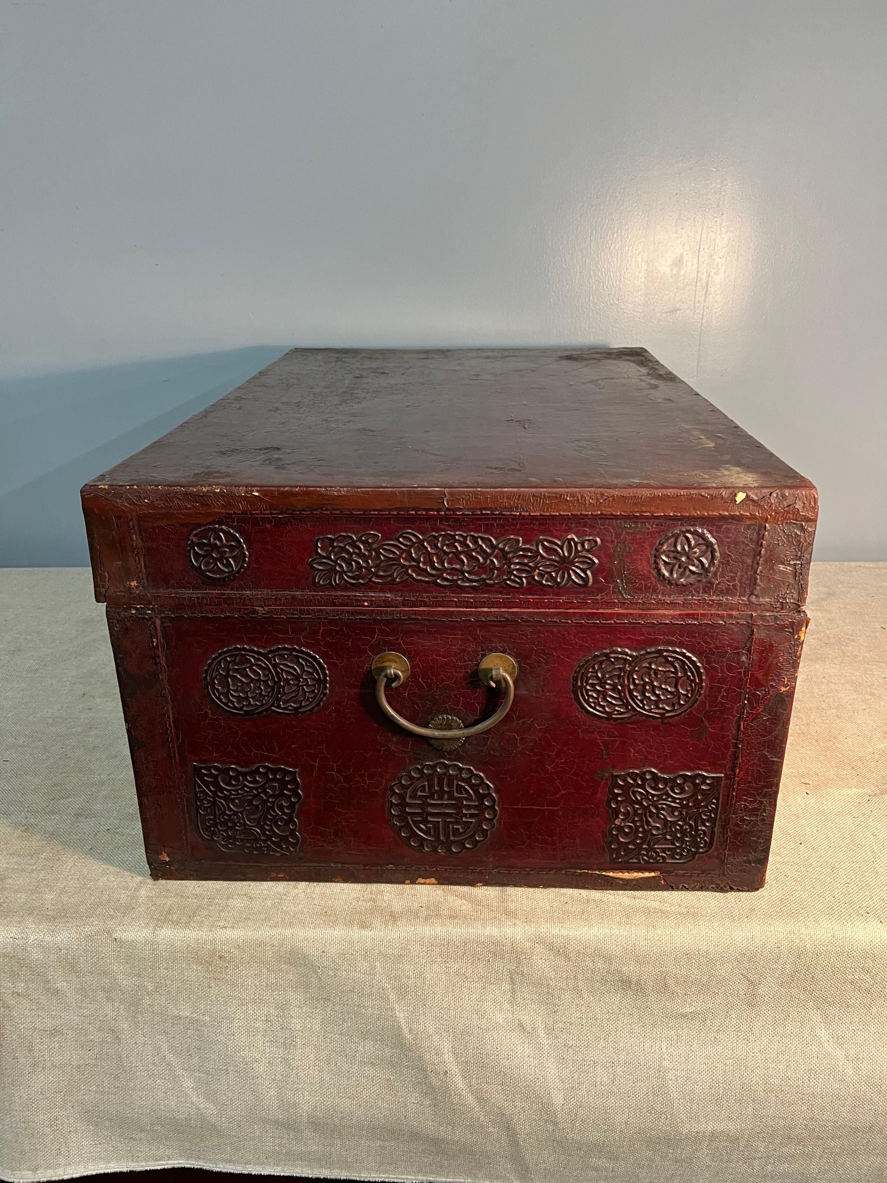 Qing 19th Century Chinese Leather Trunk For Sale