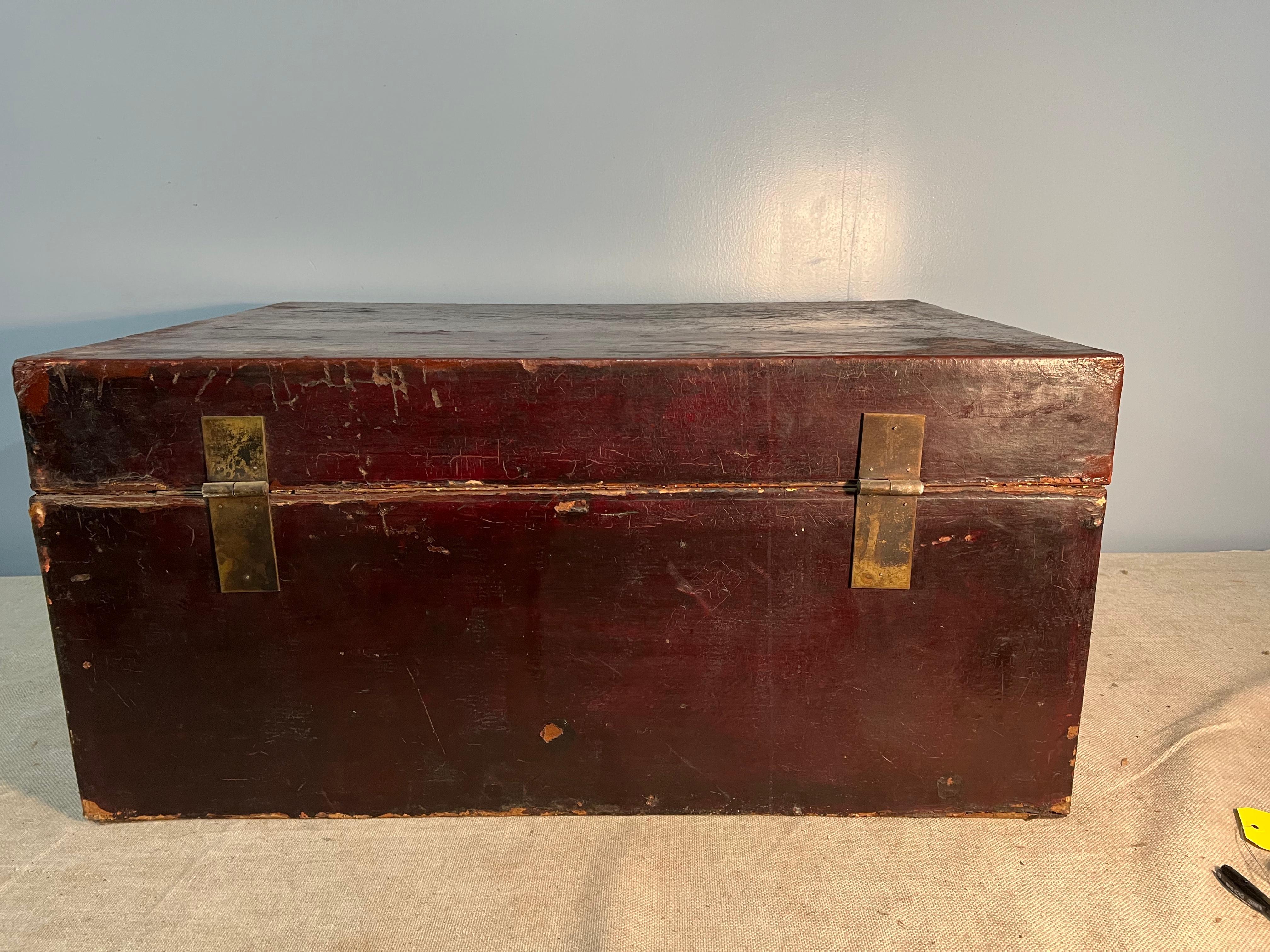 Embossed 19th Century Chinese Leather Trunk For Sale