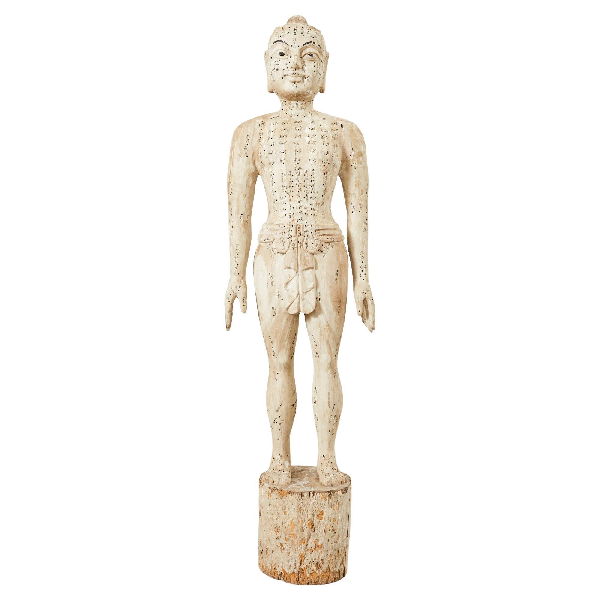 19th Century Chinese Life-Size Carved Acupuncture Sculptural Figure For Sale