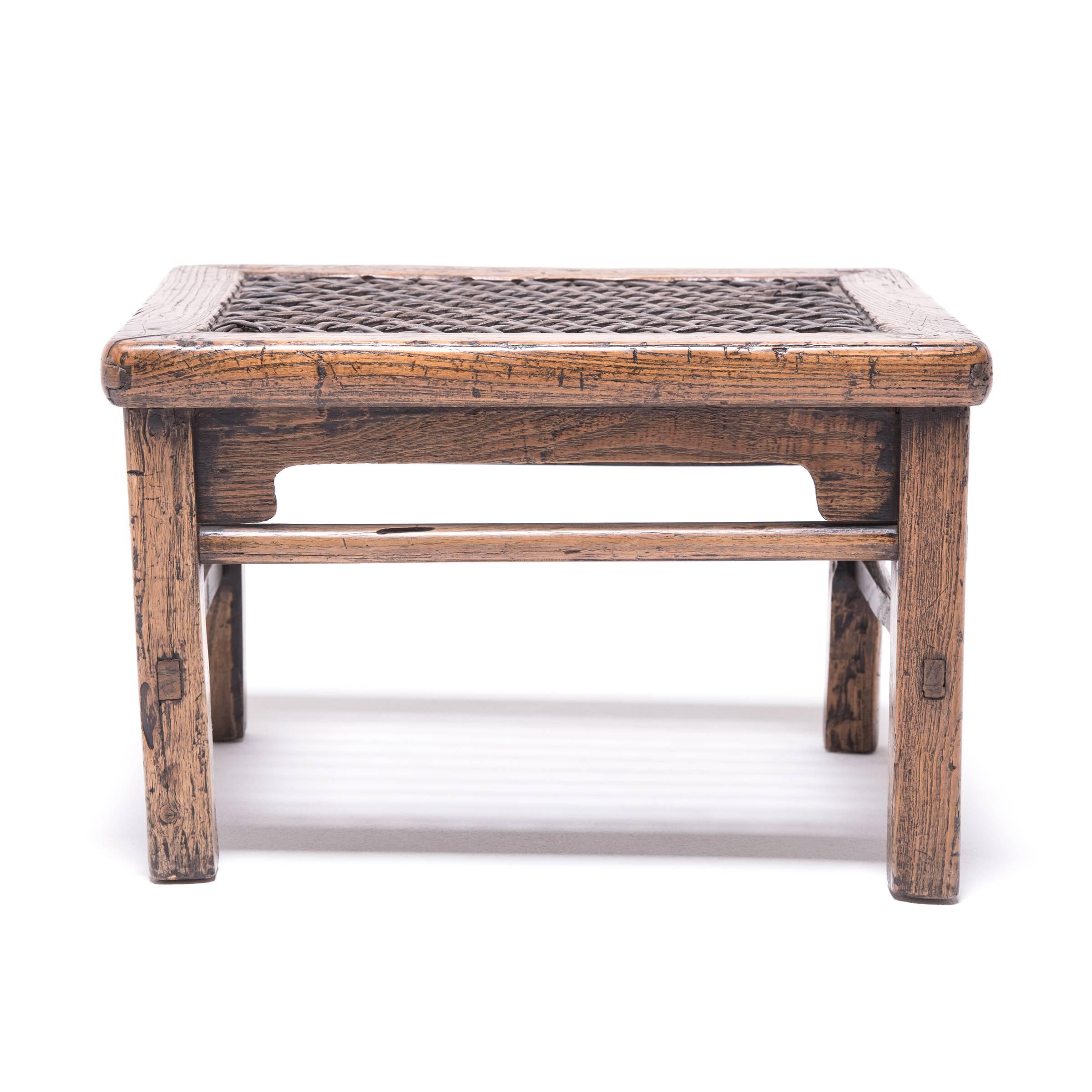Qing 19th Century Chinese Low Stool with Woven Hide Top