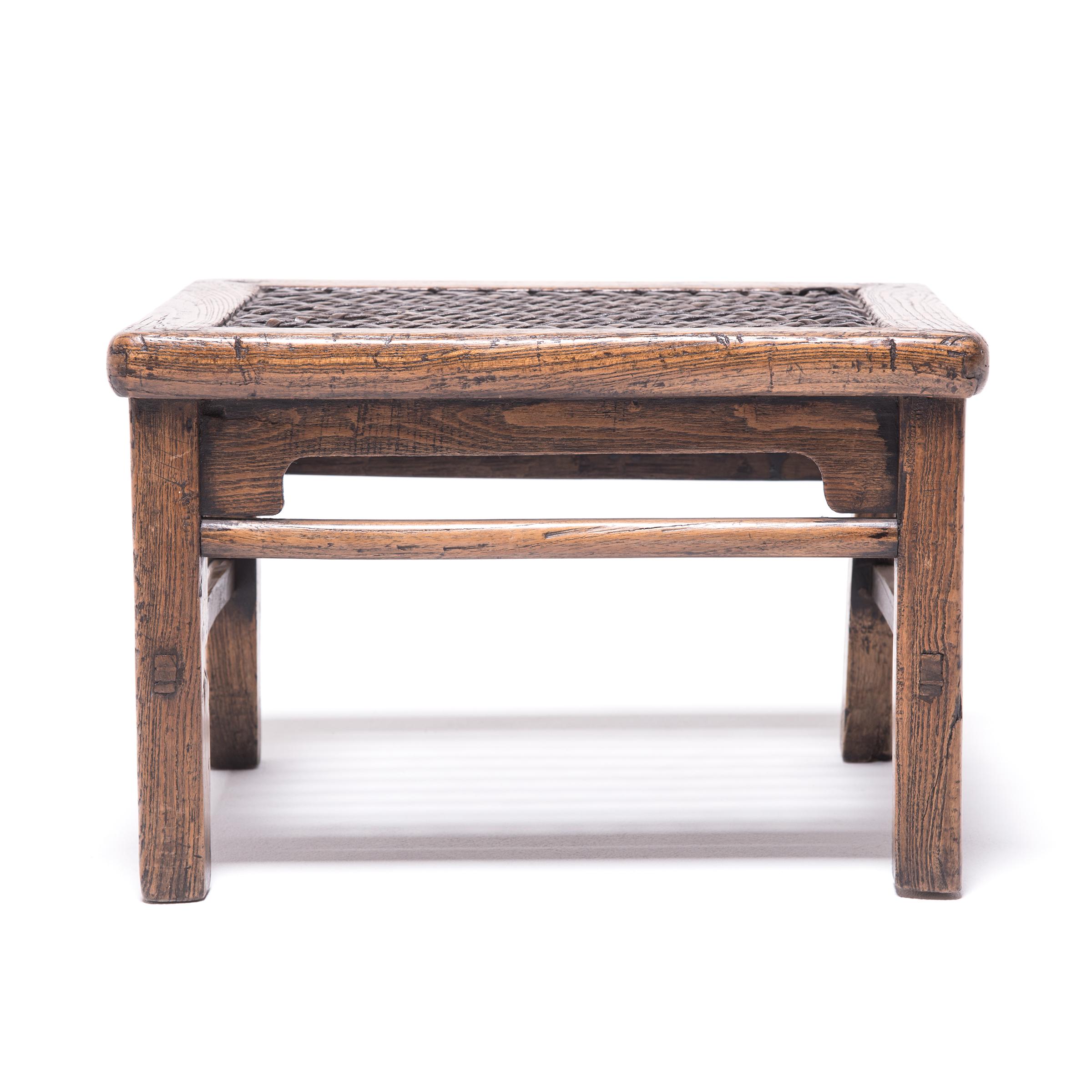 Qing Low Chinese Stool with Woven Hide Top, c. 1850 For Sale