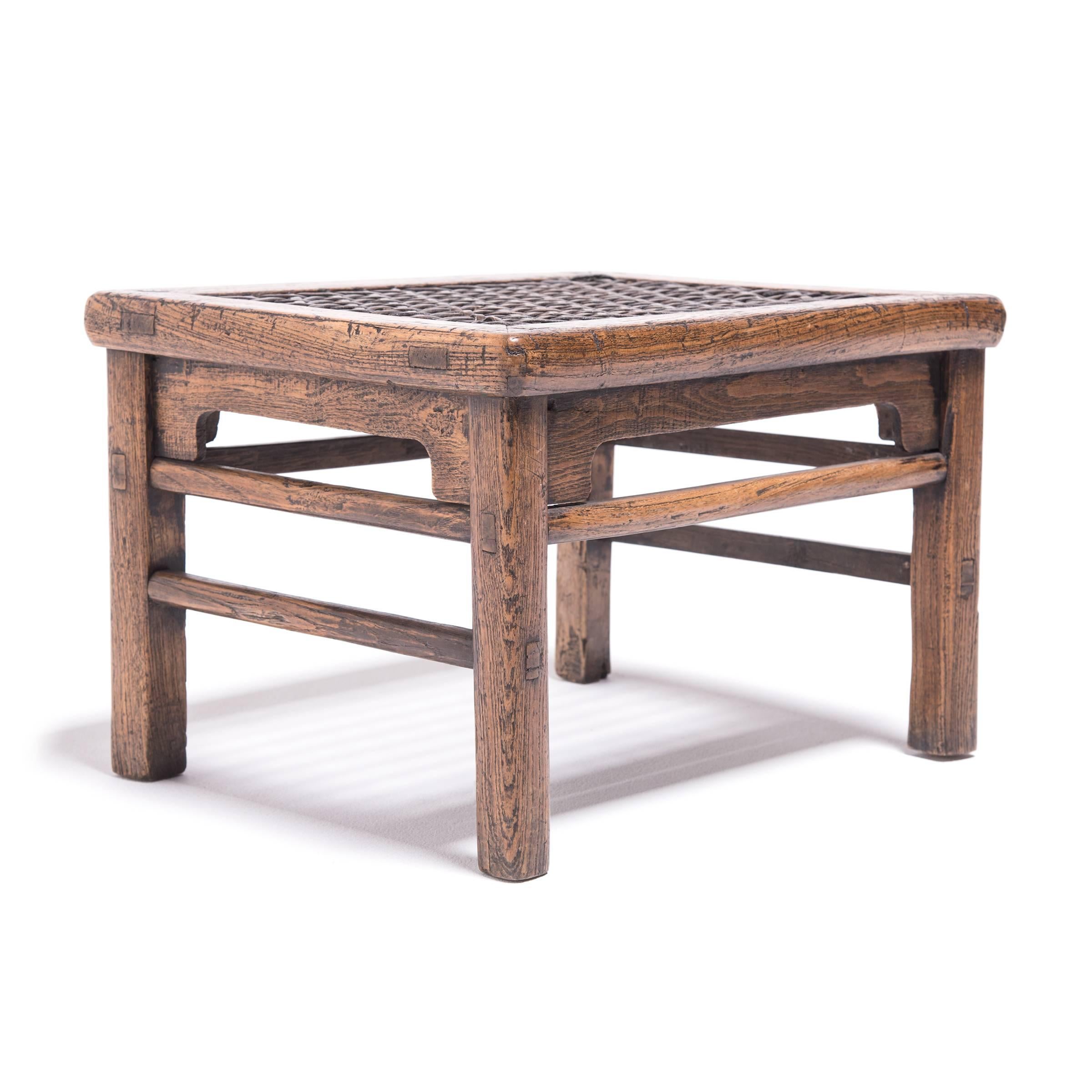 Hand-Woven 19th Century Chinese Low Stool with Woven Hide Top