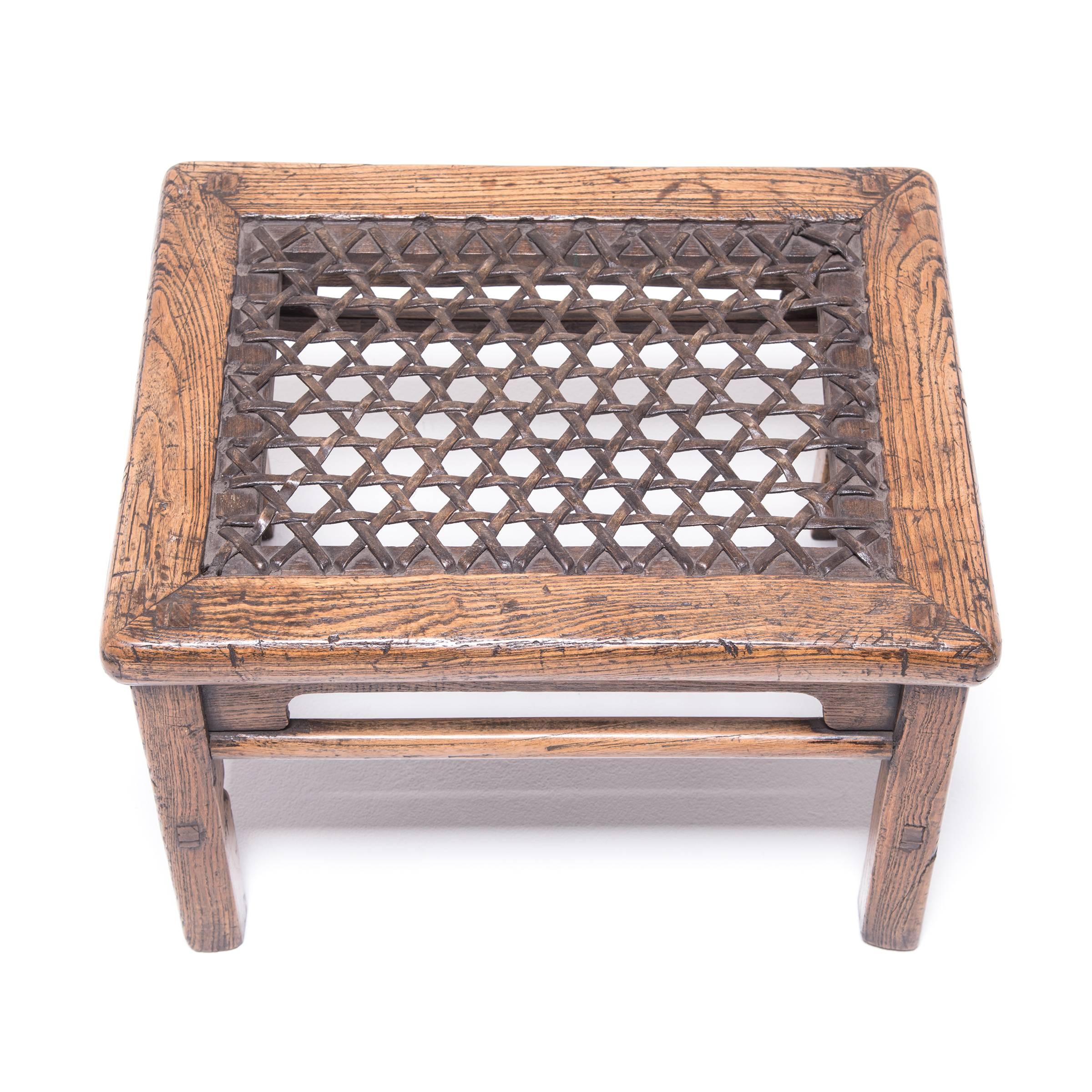 19th Century Chinese Low Stool with Woven Hide Top In Good Condition In Chicago, IL