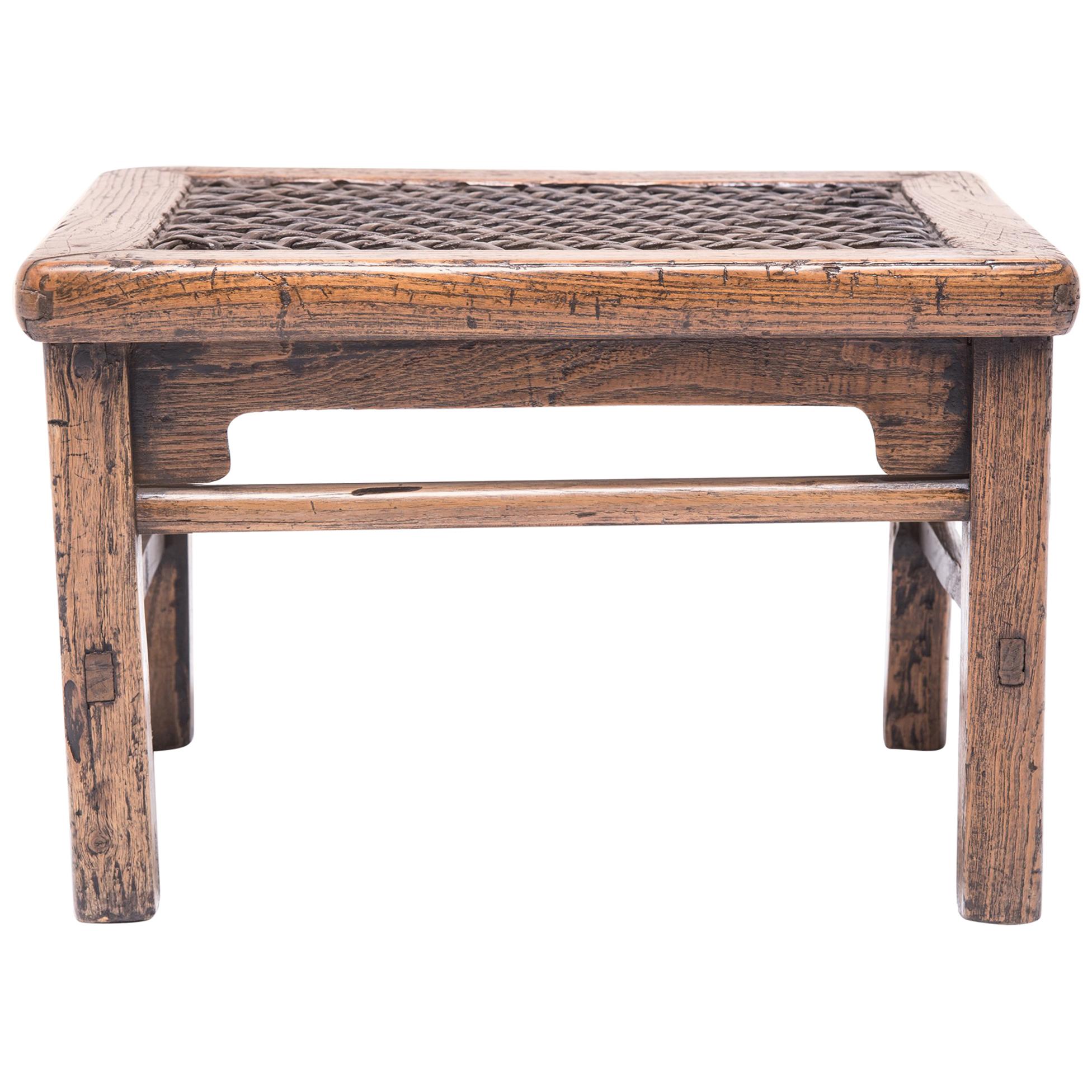 Low Chinese Stool with Woven Hide Top, c. 1850 For Sale