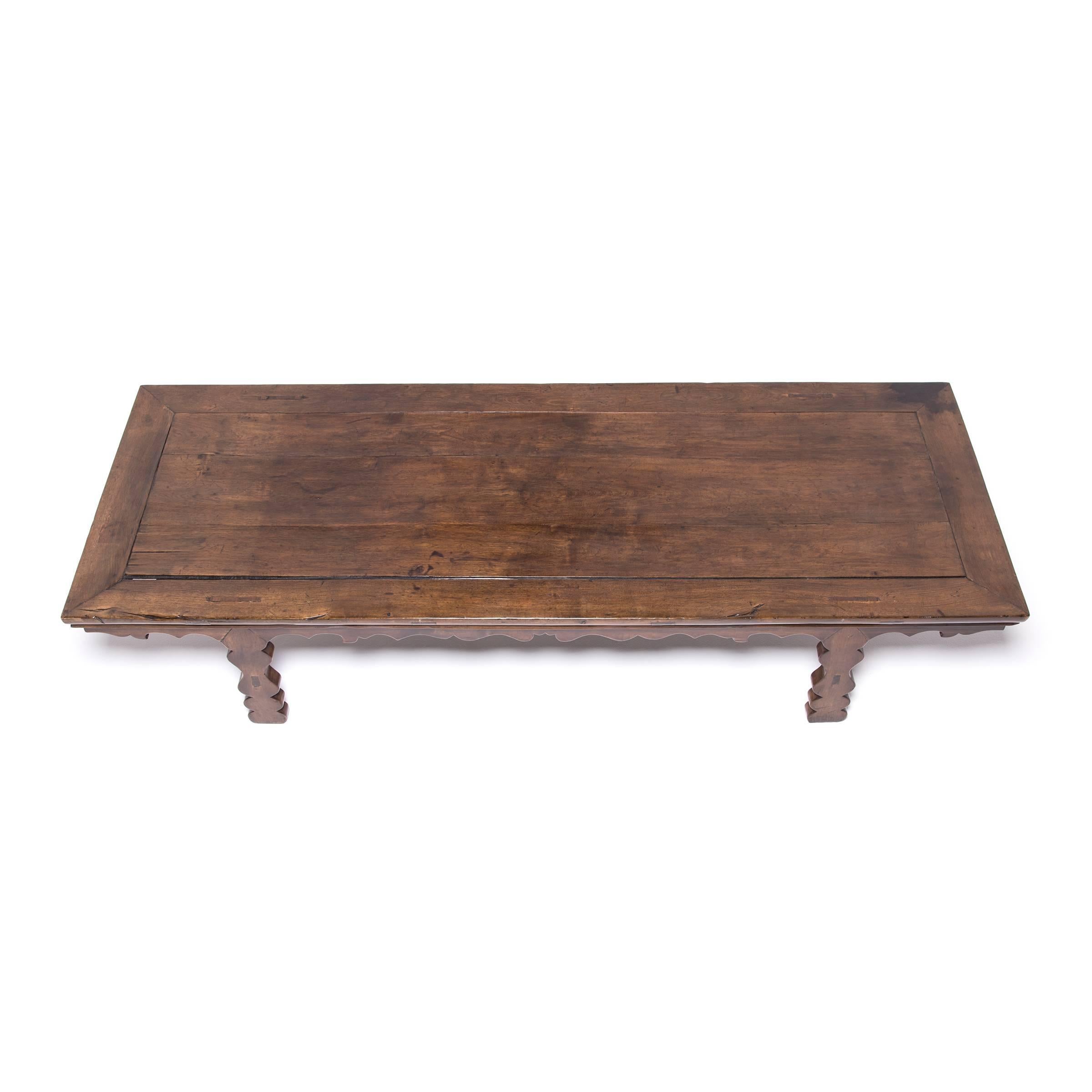 Walnut 19th Century Chinese Low Table with Carved Apron