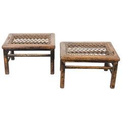 19th Century Chinese Low Tables / Stools with Woven Leather Tops