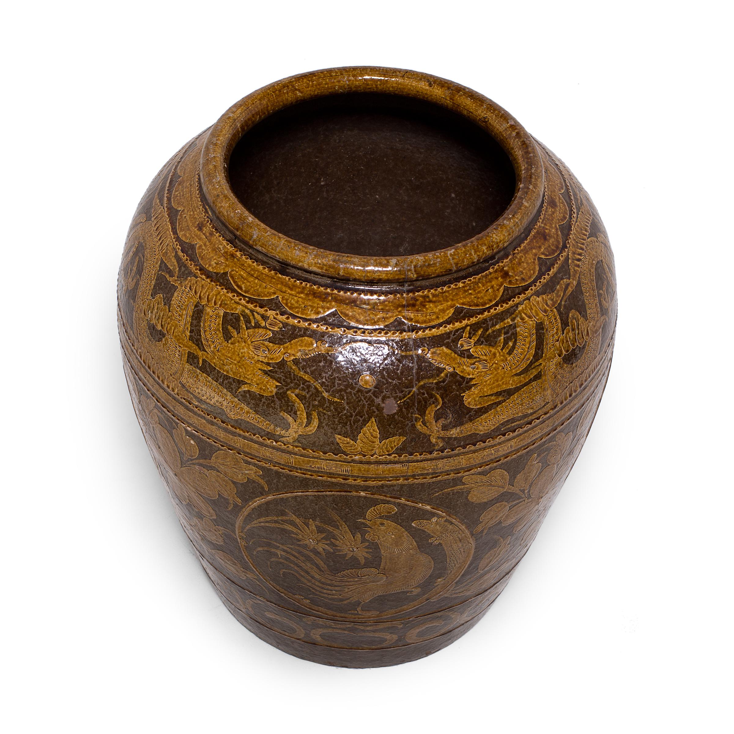 20th Century Chinese Glazed Magpie Pickling Jar, c. 1900 For Sale
