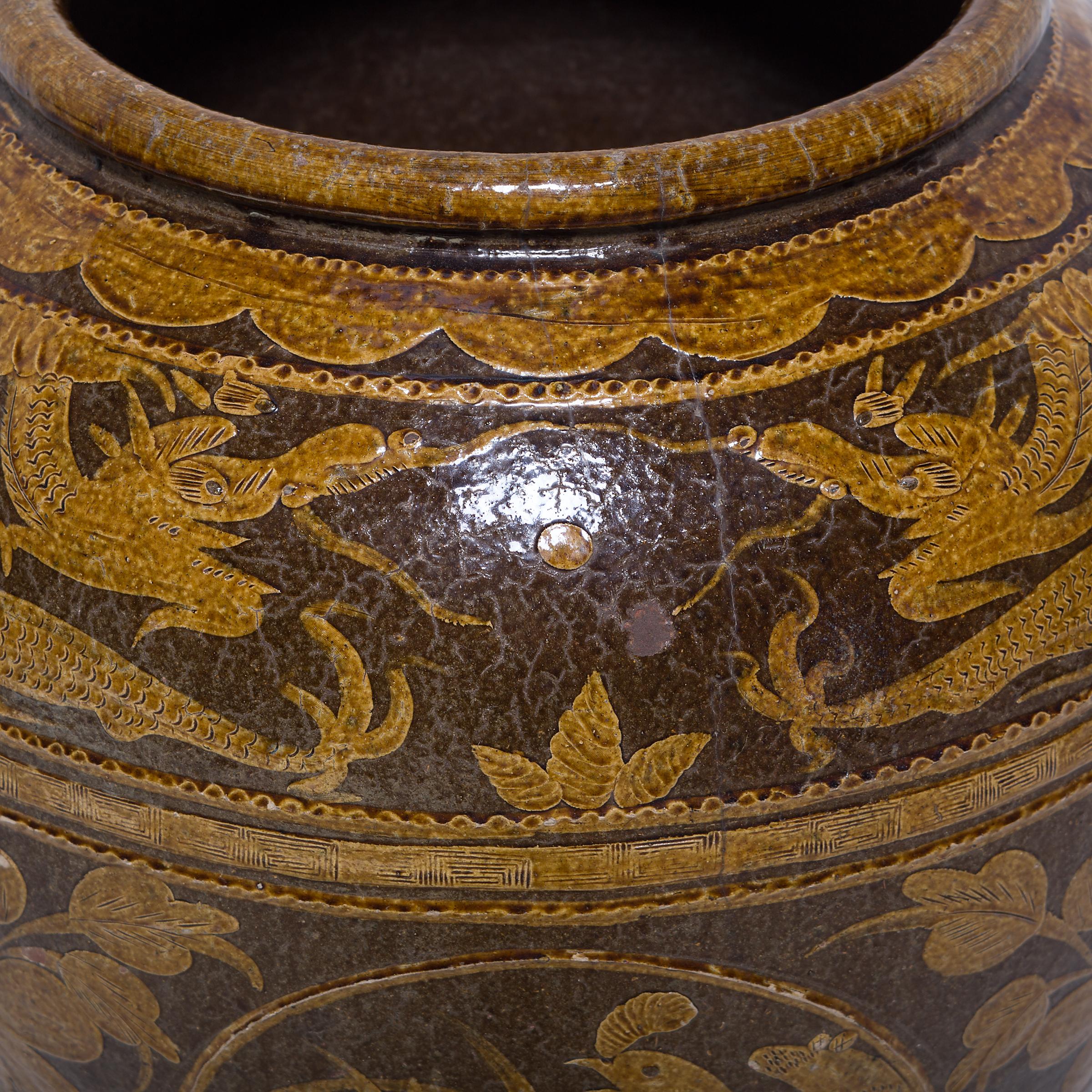 Chinese Glazed Magpie Pickling Jar, c. 1900 For Sale 1