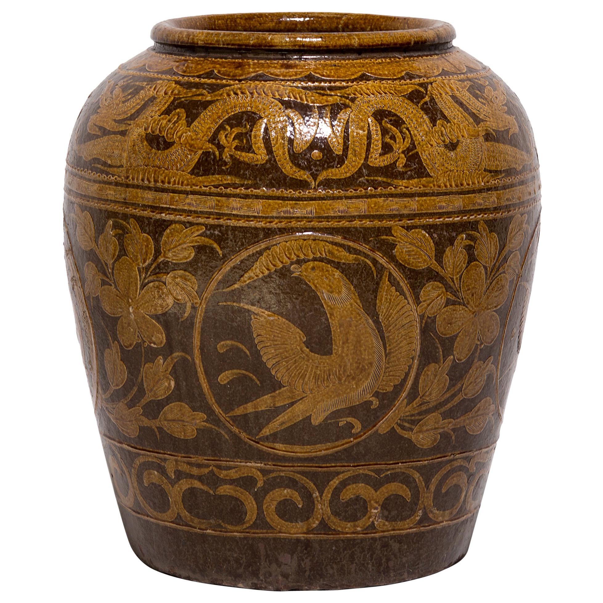 Chinese Glazed Magpie Pickling Jar, c. 1900 For Sale