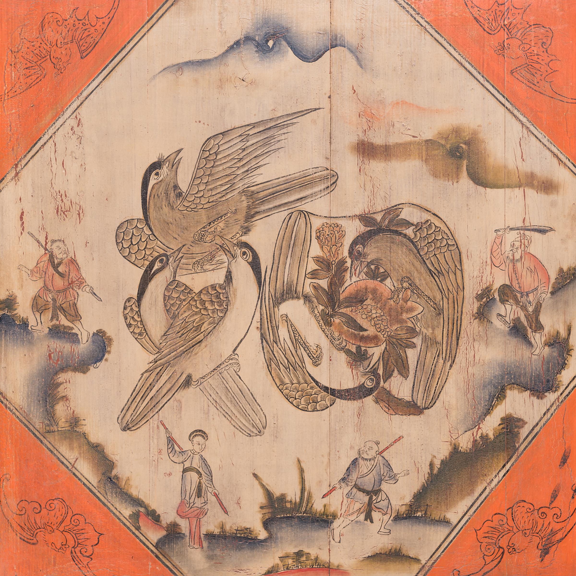 Its orange border still impressively vibrant, this 19th century painted wood panel from northern China depicts a scene full of traditional Chinese symbolism. Surrounded by warriors poised for battle, five magpies hover mid-flight, arranged in the