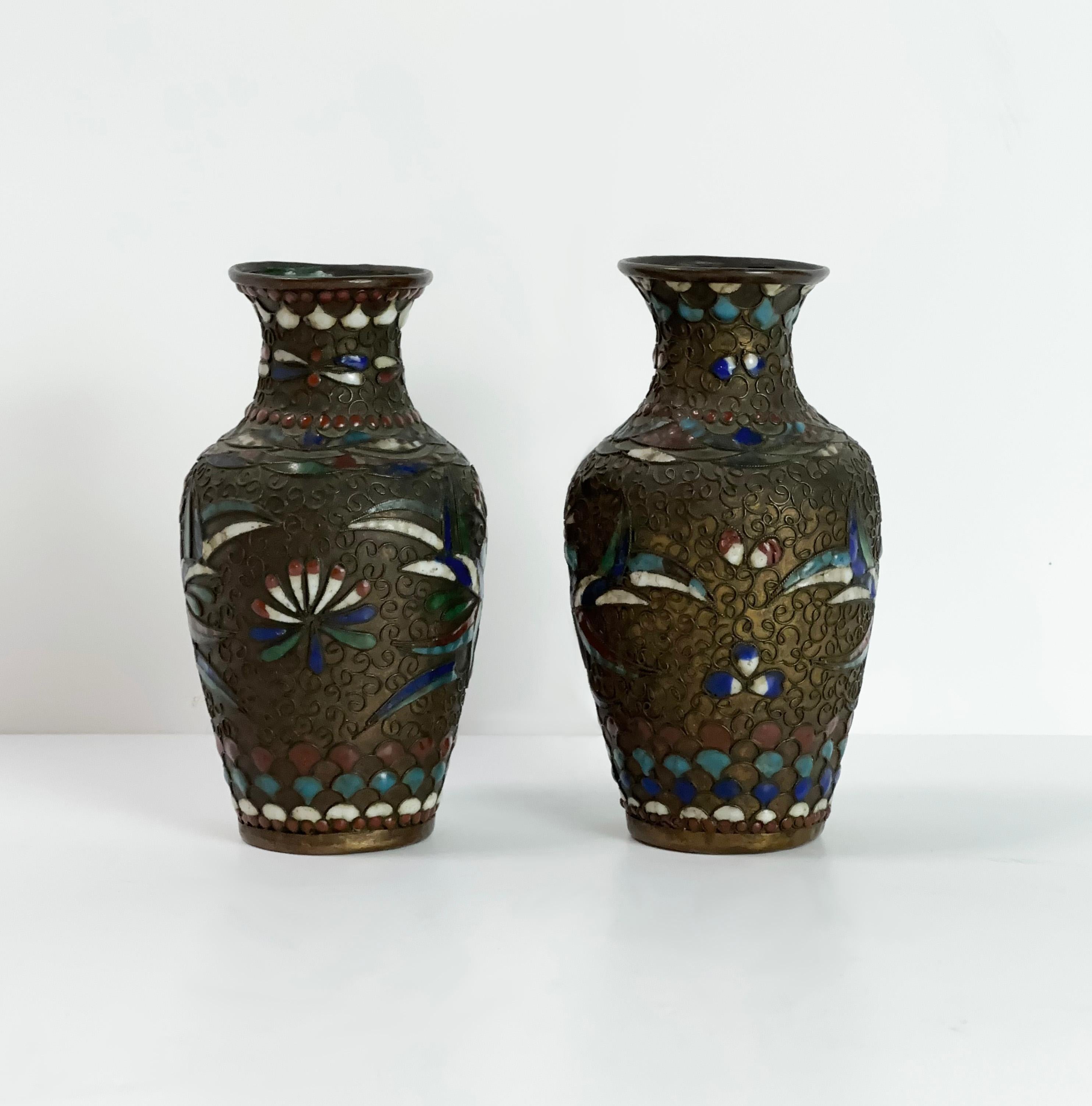 Chinoiserie 19th Century Chinese Miniature Handmade Bronze Champleve Vase Pair  For Sale