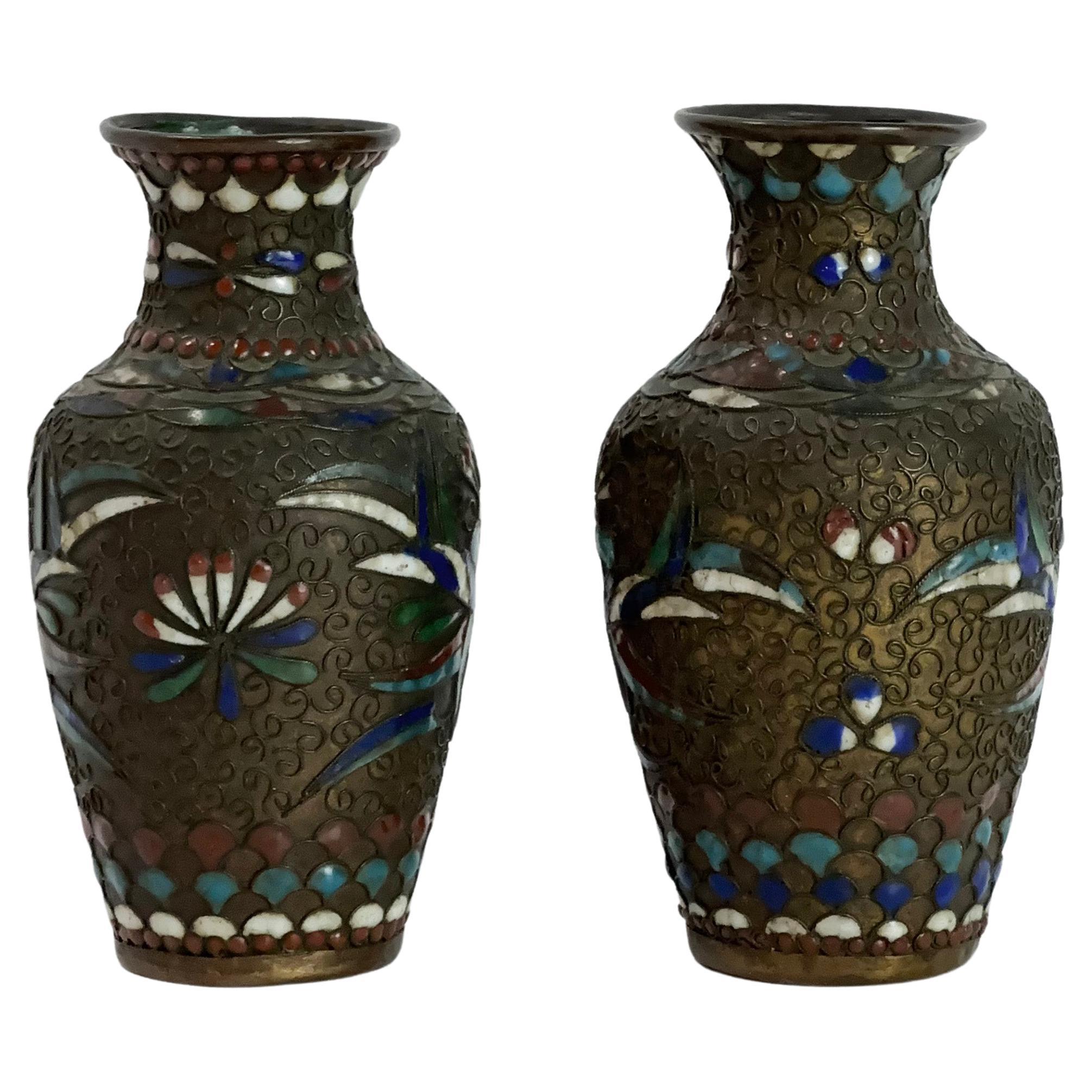 19th Century Chinese Miniature Handmade Bronze Champleve Vase Pair  For Sale