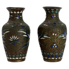 19th Century Chinese Miniature Handmade Bronze Champleve Vase Pair 