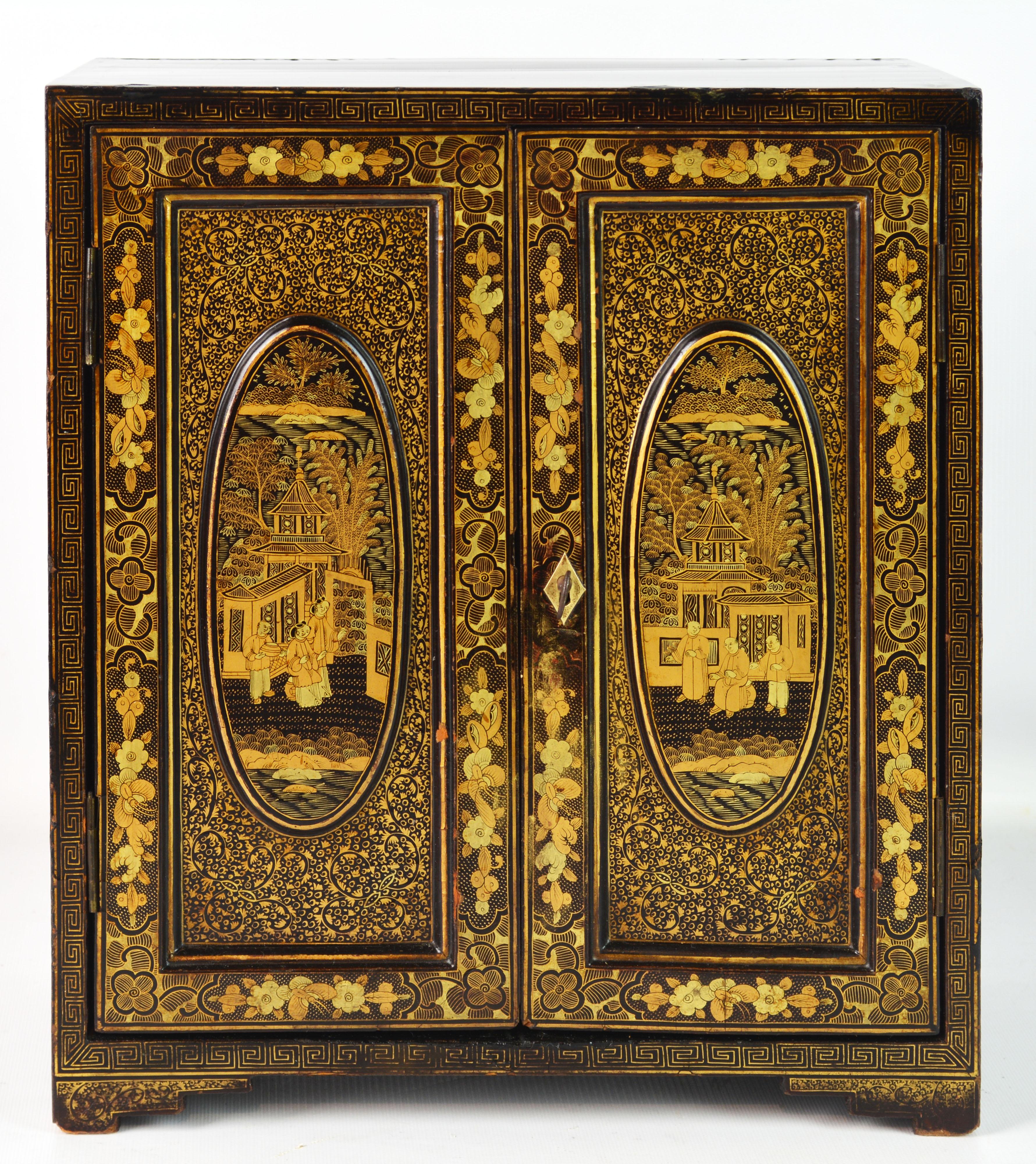 Chinoiserie 19th Century Chinese Miniature Lacquer and Gilt Table Cabinet or Jewelry Chest