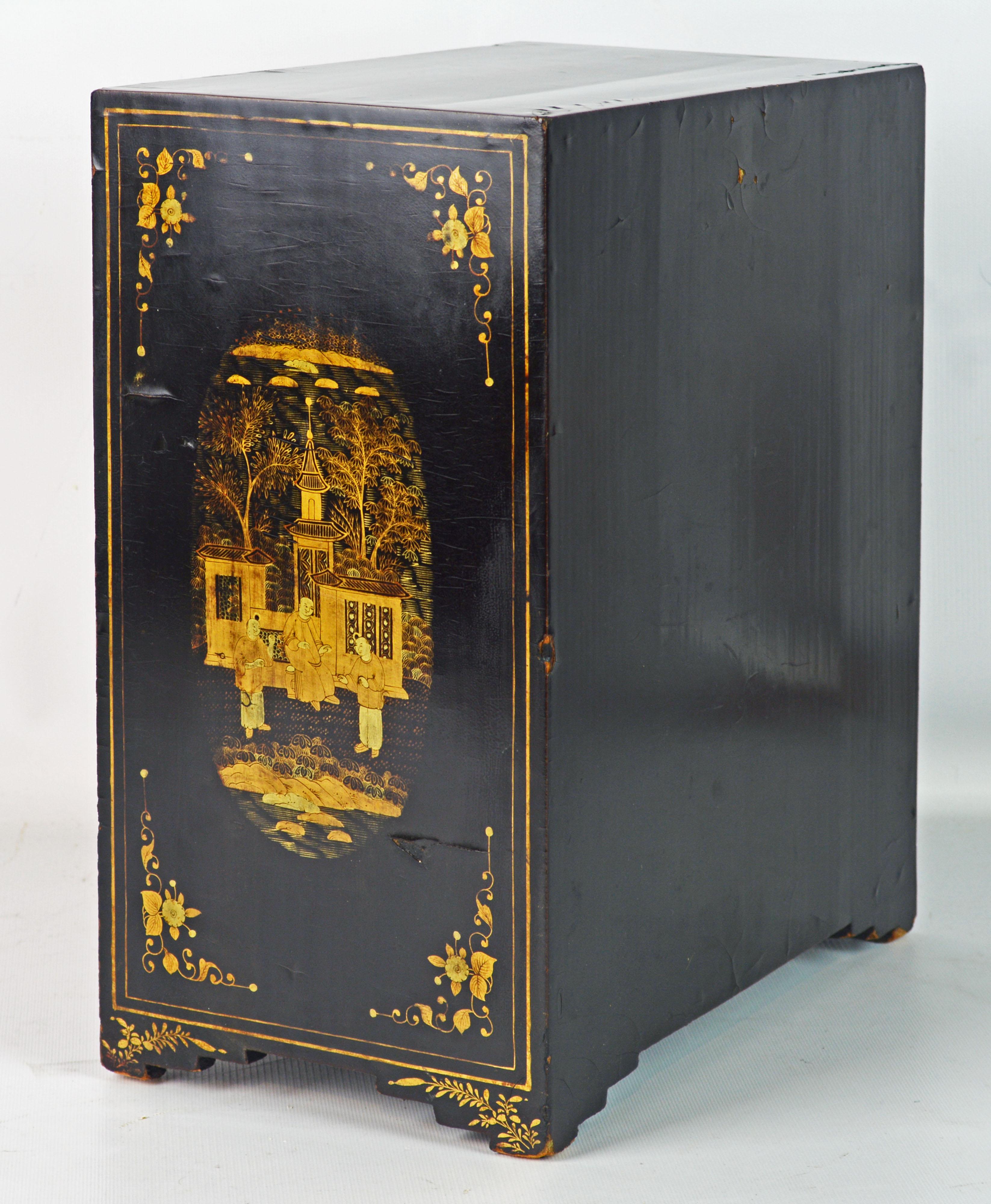 Wood 19th Century Chinese Miniature Lacquer and Gilt Table Cabinet or Jewelry Chest