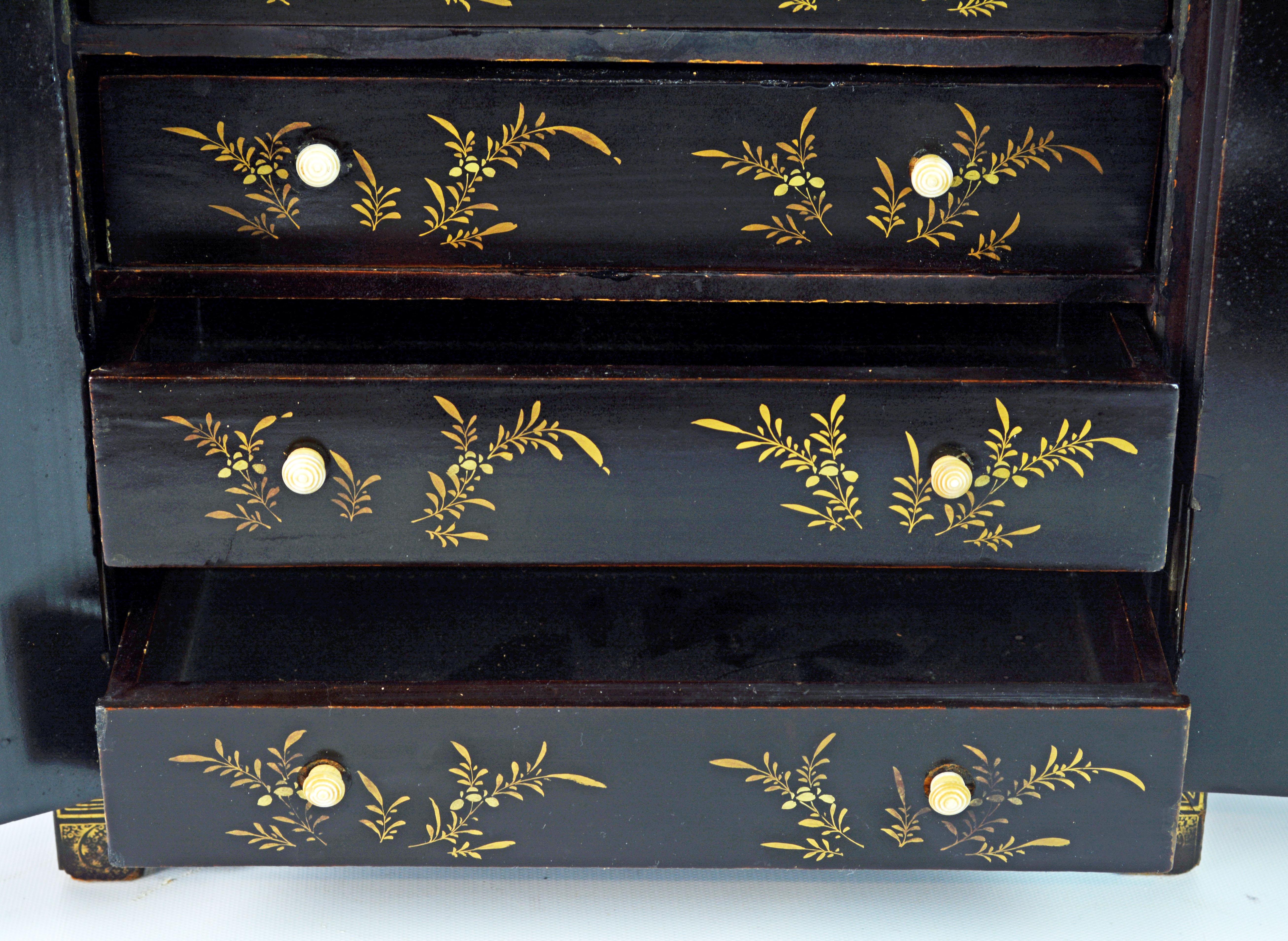 19th Century Chinese Miniature Lacquer and Gilt Table Cabinet or Jewelry Chest 2