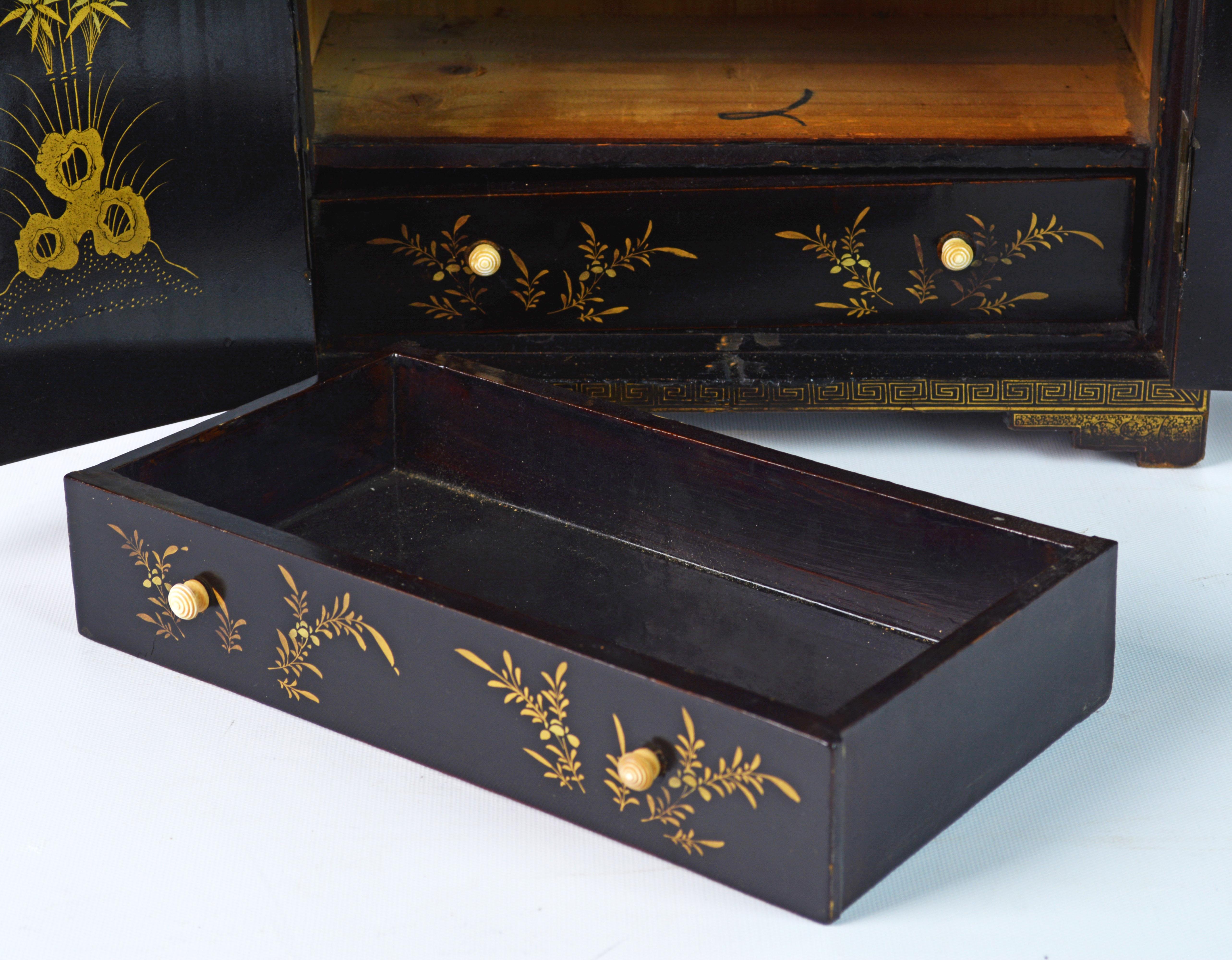 19th Century Chinese Miniature Lacquer and Gilt Table Cabinet or Jewelry Chest 3