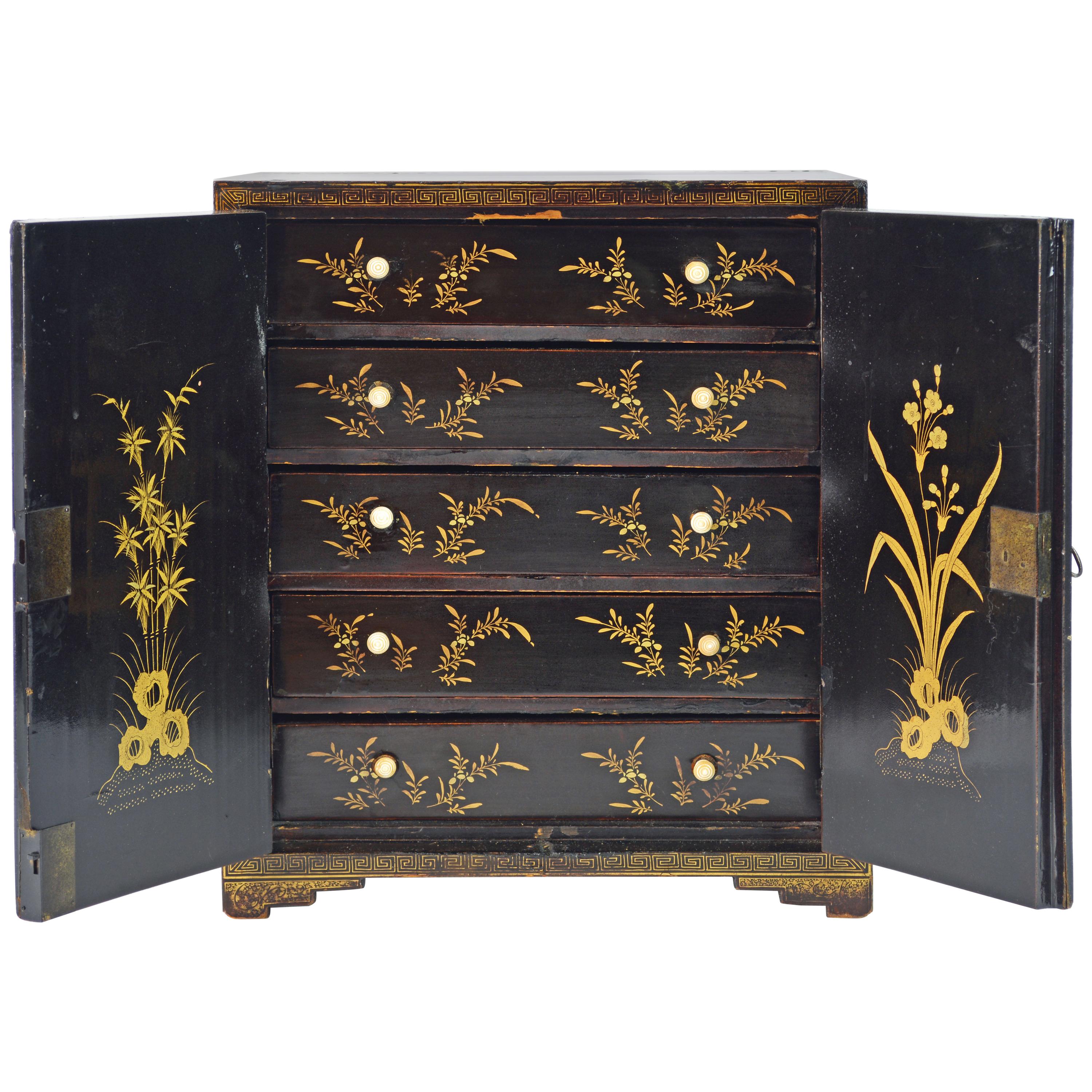 19th Century Chinese Miniature Lacquer and Gilt Table Cabinet or Jewelry Chest