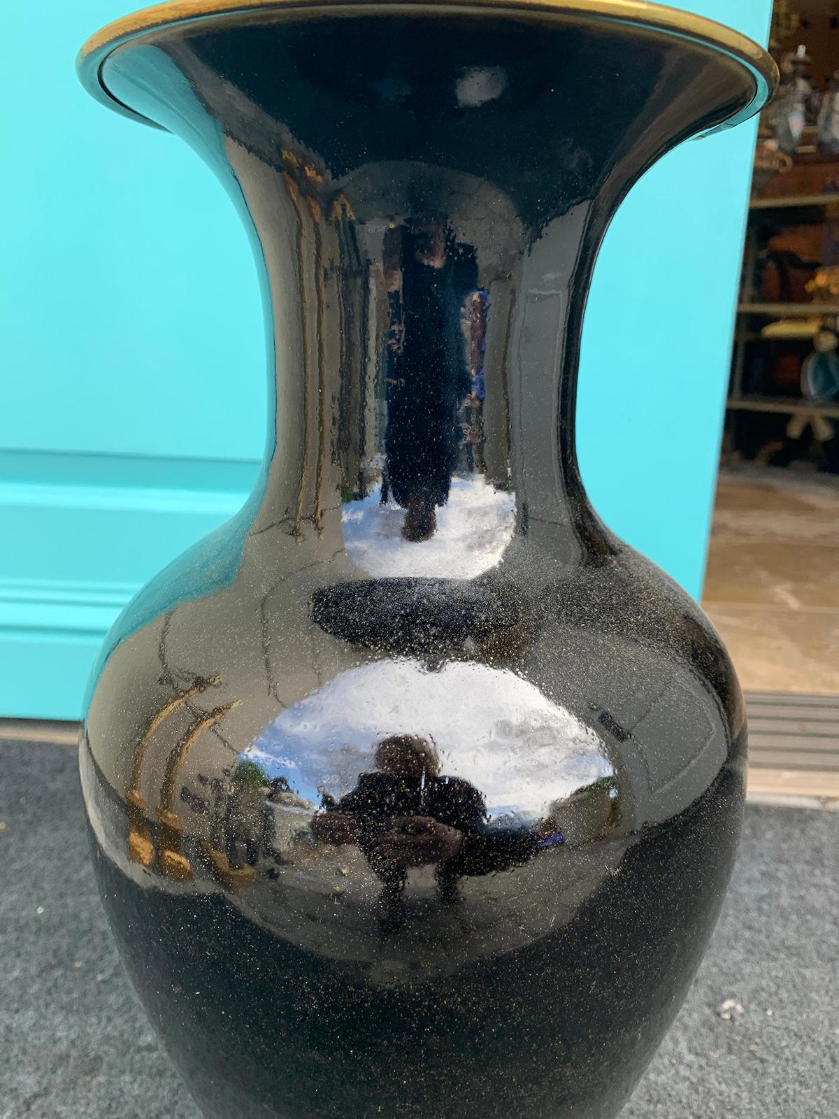 19th Century Chinese Mirror Black Porcelain Lamp, Custom Brass Mount In Good Condition In Atlanta, GA