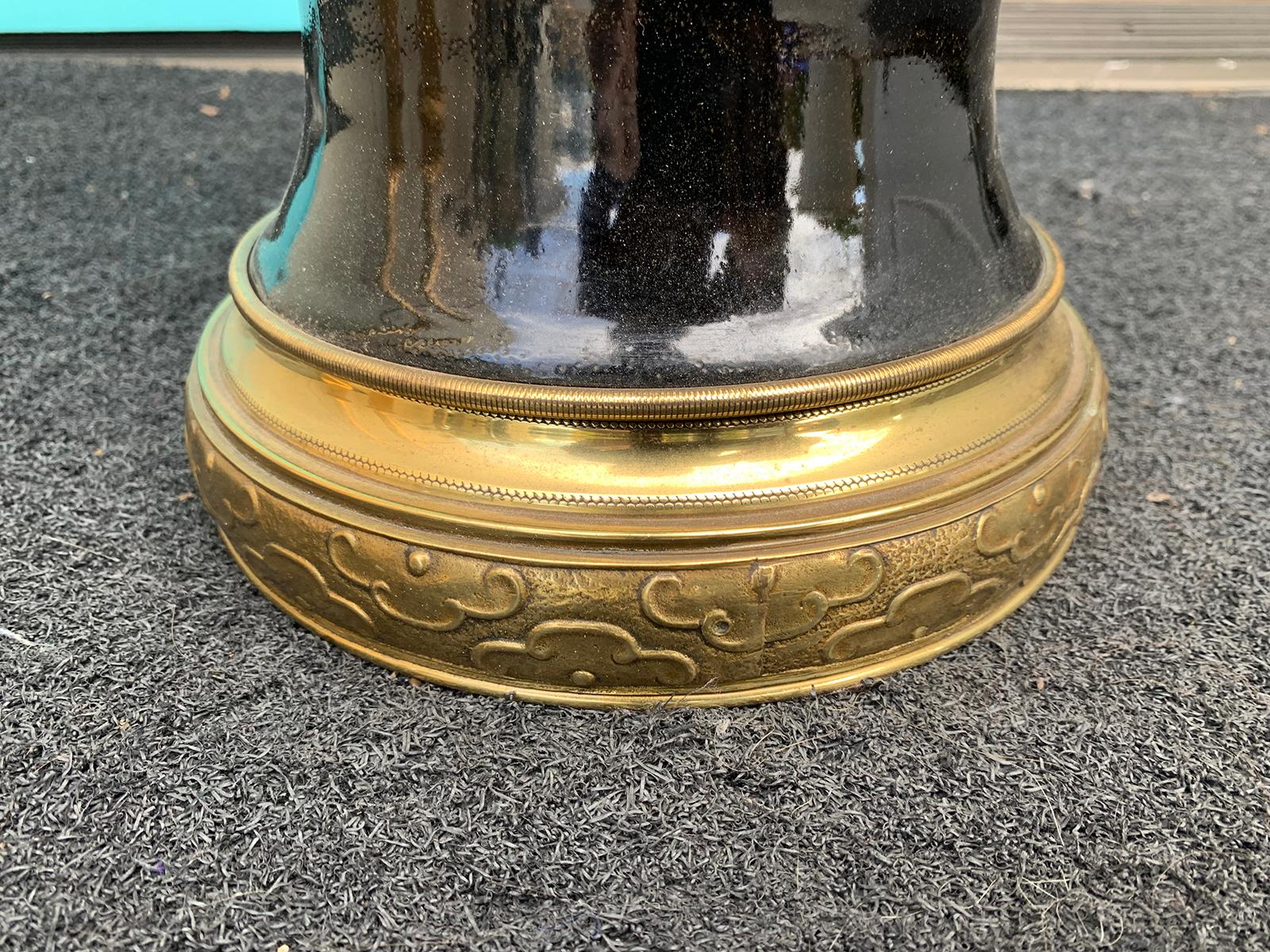 19th Century Chinese Mirror Black Porcelain Lamp, Custom Brass Mount 1