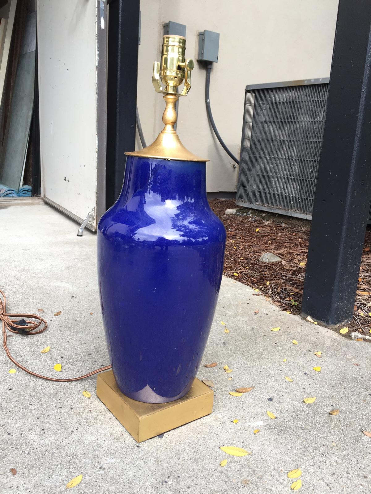 Glazed 19th Century Chinese Monochrome Blue Porcelain Vase as Lamp, Custom Gilt Base For Sale