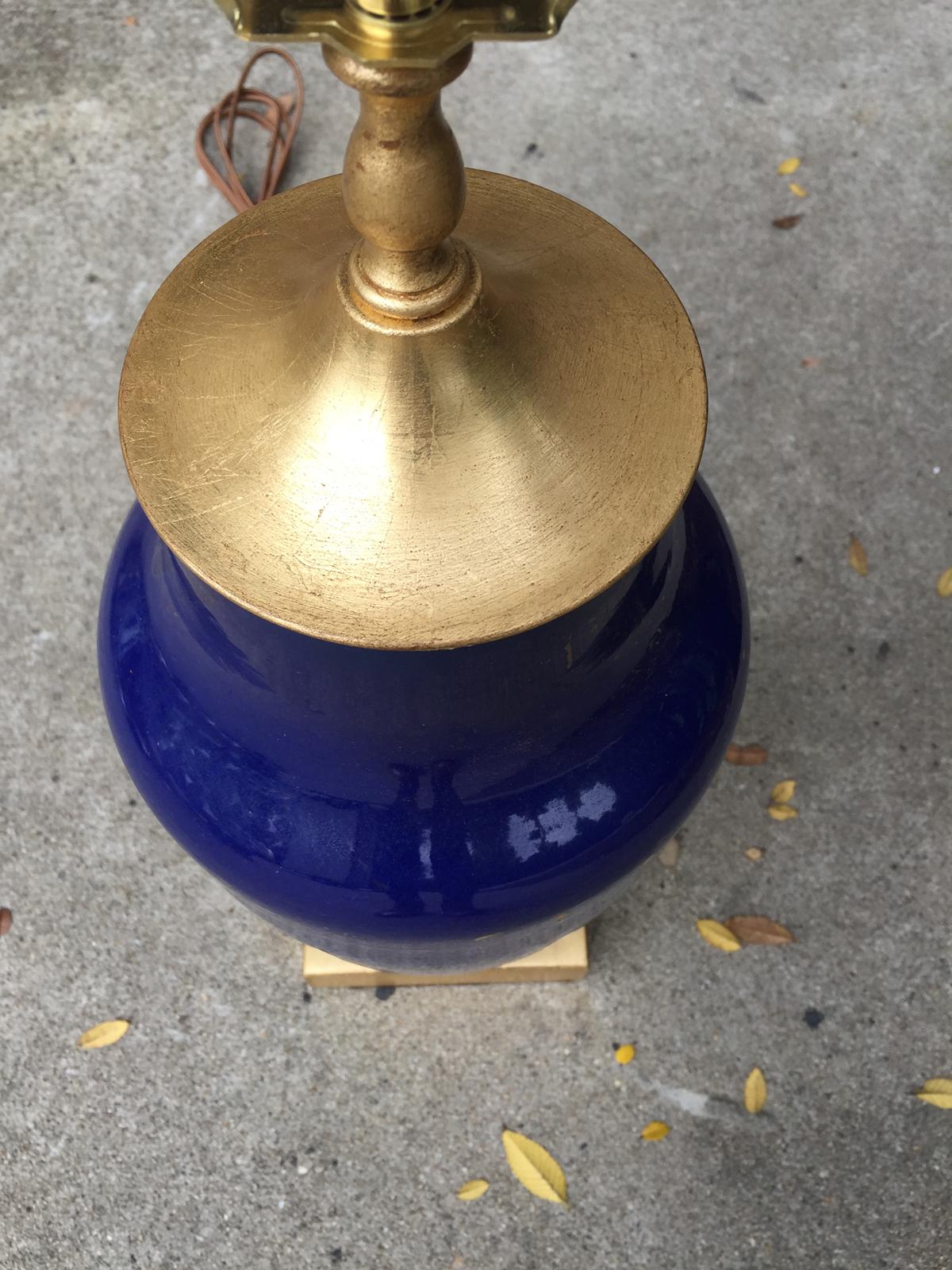 19th Century Chinese Monochrome Blue Porcelain Vase as Lamp, Custom Gilt Base In Good Condition For Sale In Atlanta, GA