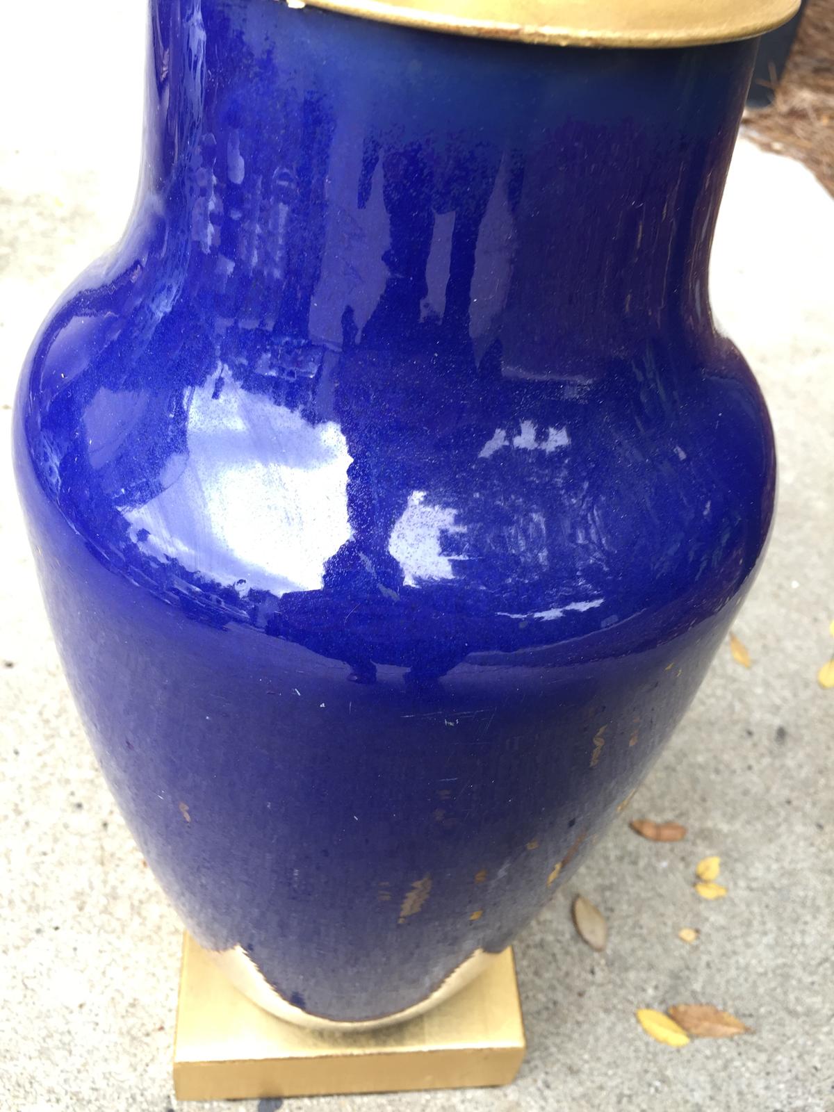 19th Century Chinese Monochrome Blue Porcelain Vase as Lamp, Custom Gilt Base For Sale 1