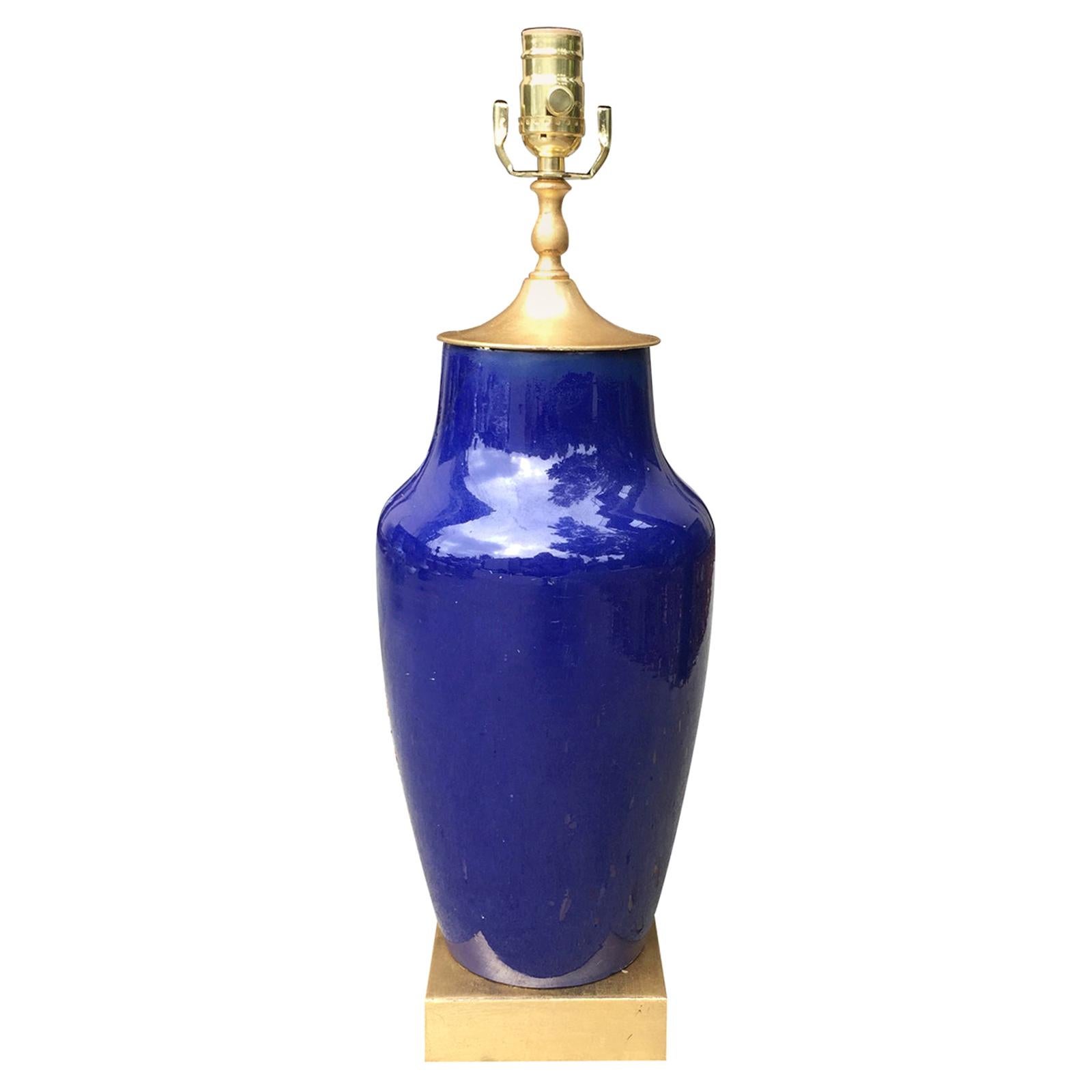 19th Century Chinese Monochrome Blue Porcelain Vase as Lamp, Custom Gilt Base For Sale