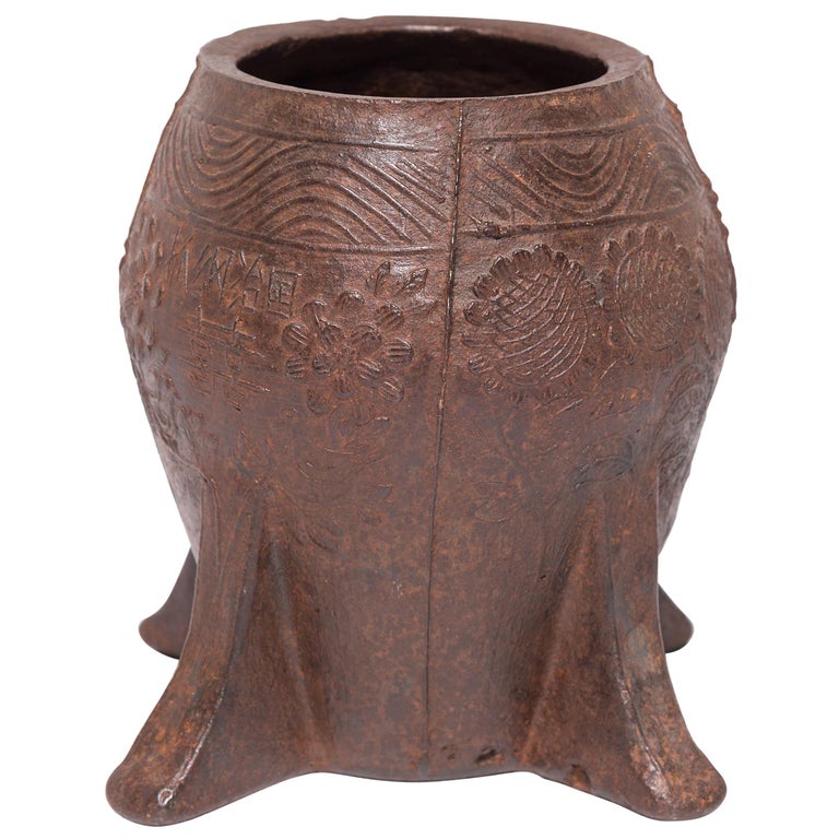 Chinese Floral Cast Iron Mortar and Pestle For Sale at 1stDibs