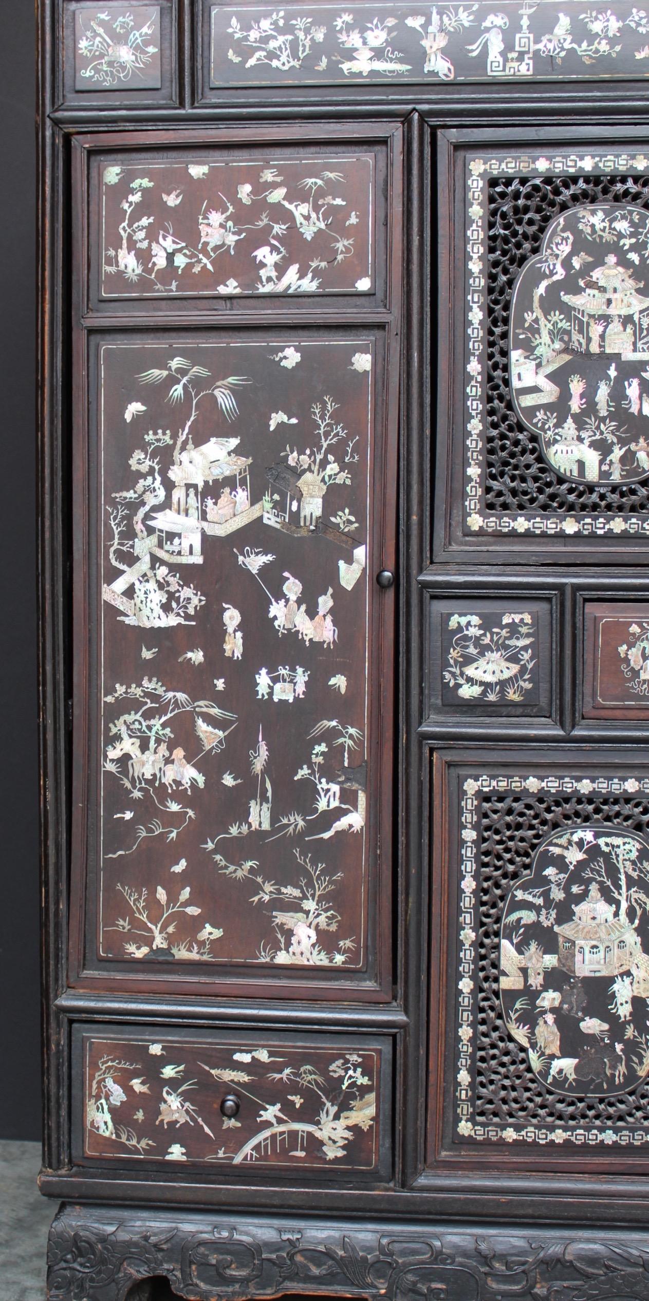 19th Century Chinese Mother-of-Pearl Inlaid and Carved Cabinet For Sale 5