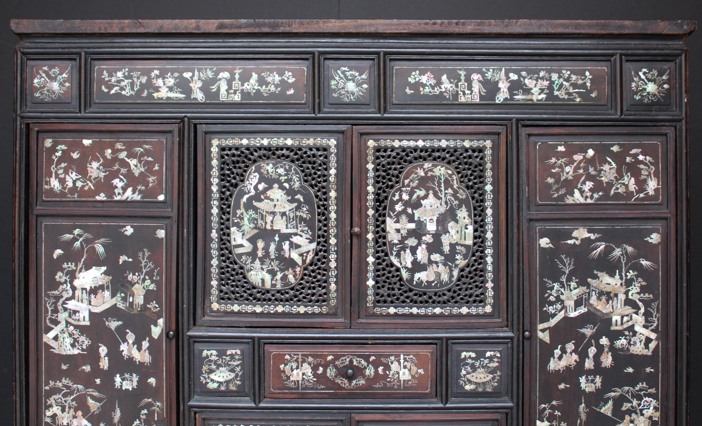 19th Century Chinese Mother-of-Pearl Inlaid and Carved Cabinet For Sale 6