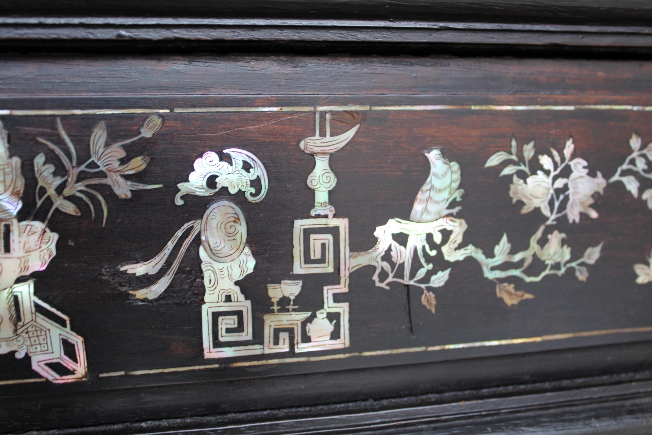 19th Century Chinese Mother-of-Pearl Inlaid and Carved Cabinet For Sale 9