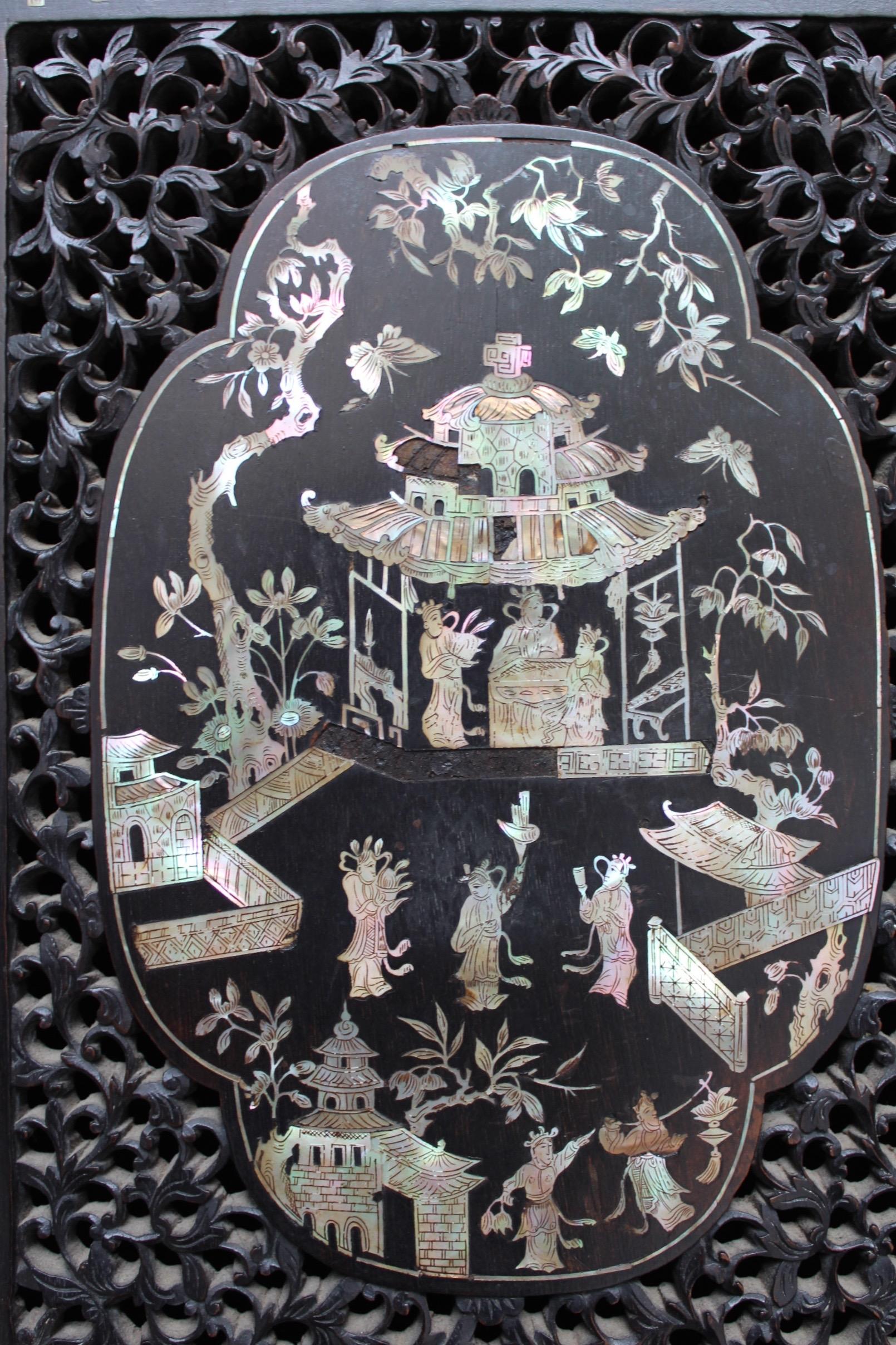 19th Century Chinese Mother-of-Pearl Inlaid and Carved Cabinet For Sale 11