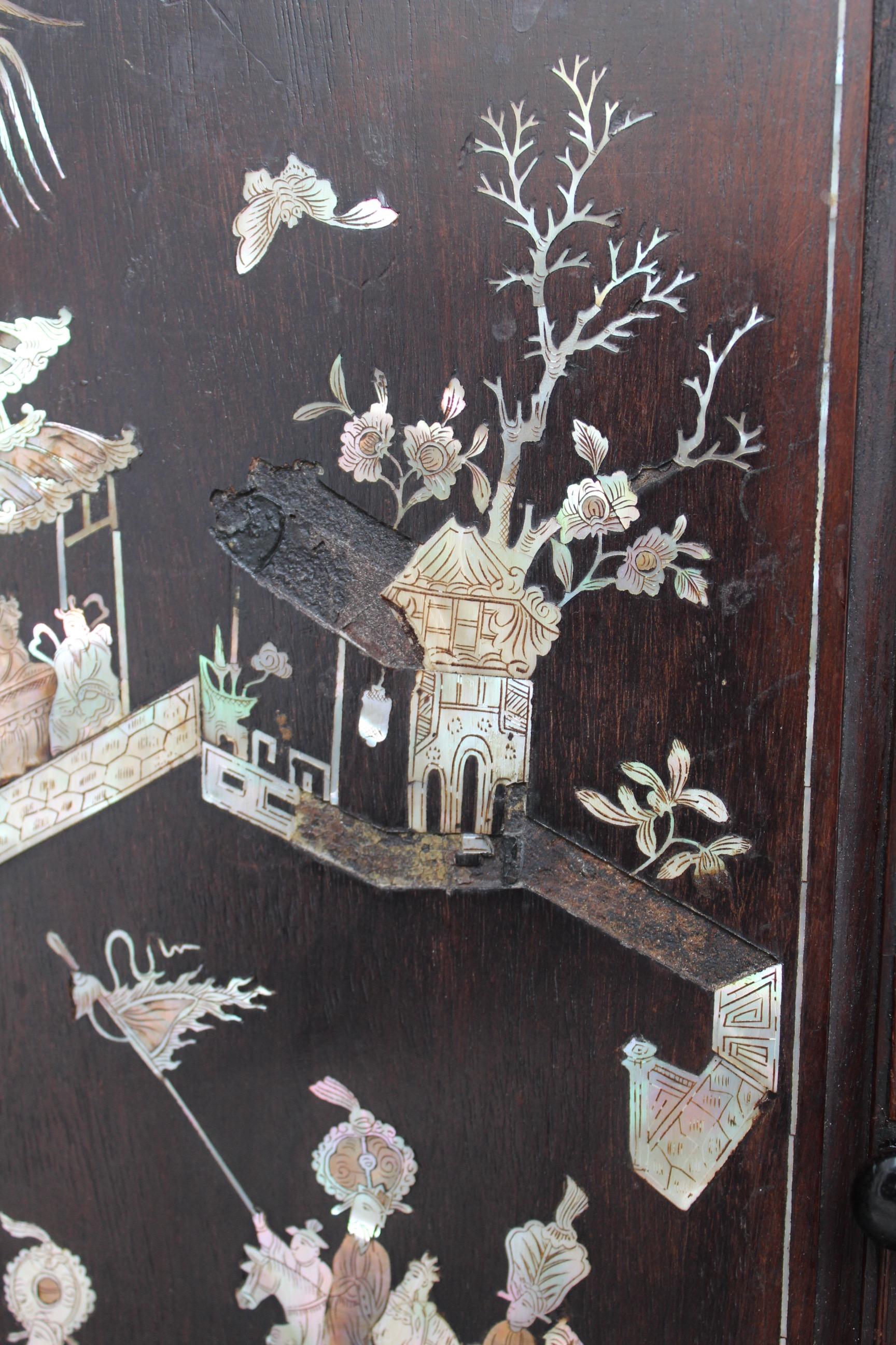 19th Century Chinese Mother-of-Pearl Inlaid and Carved Cabinet For Sale 12
