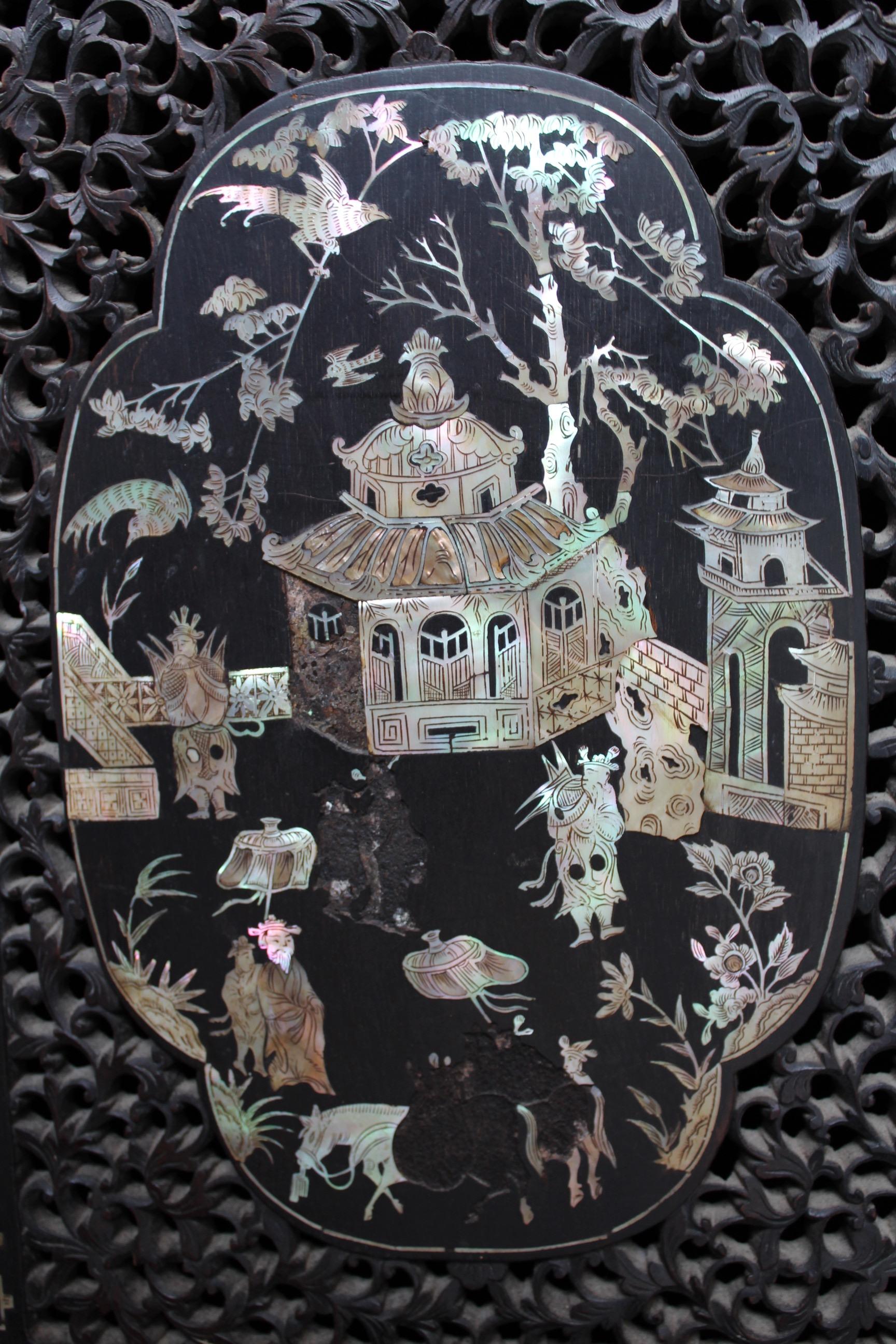 19th Century Chinese Mother-of-Pearl Inlaid and Carved Cabinet For Sale 13