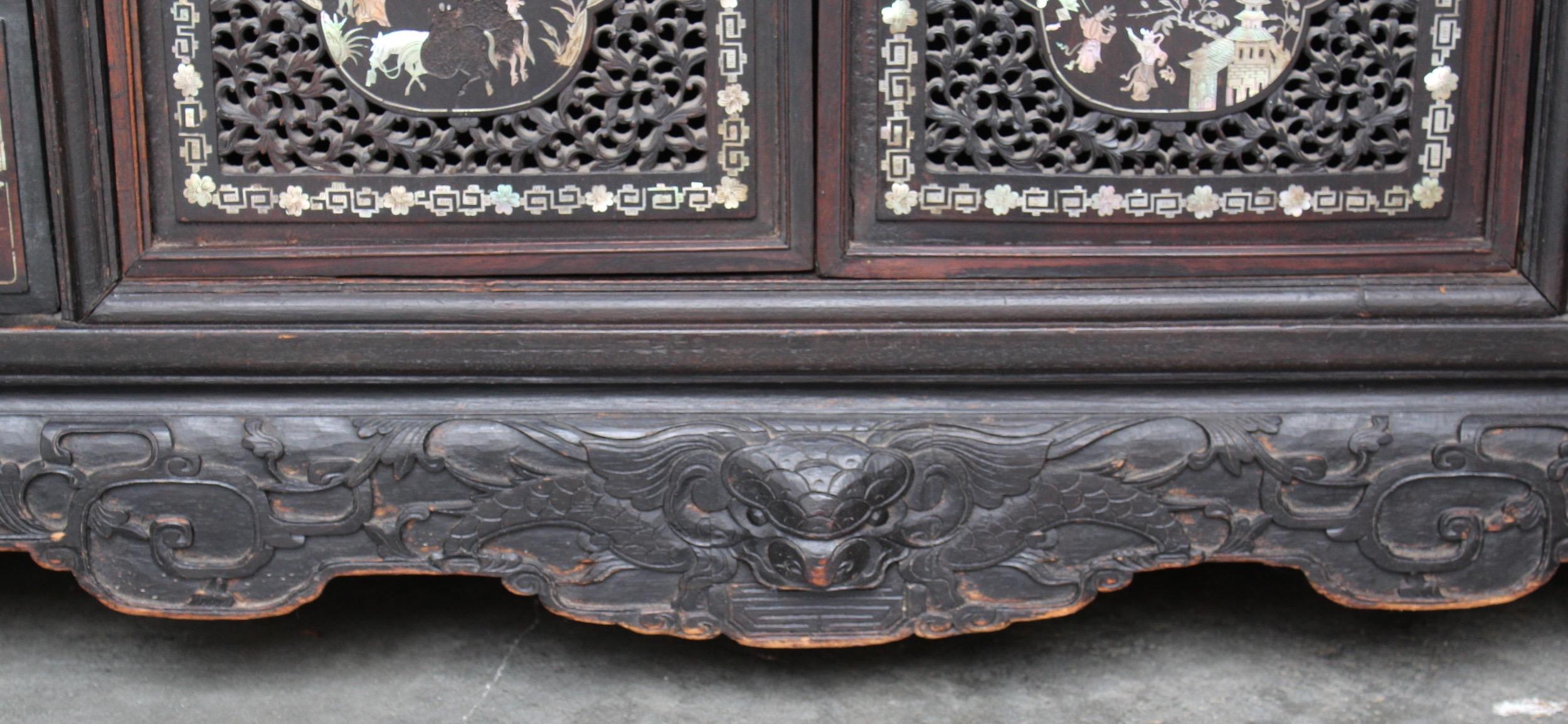 19th Century Chinese Mother-of-Pearl Inlaid and Carved Cabinet In Good Condition For Sale In Charleston, SC