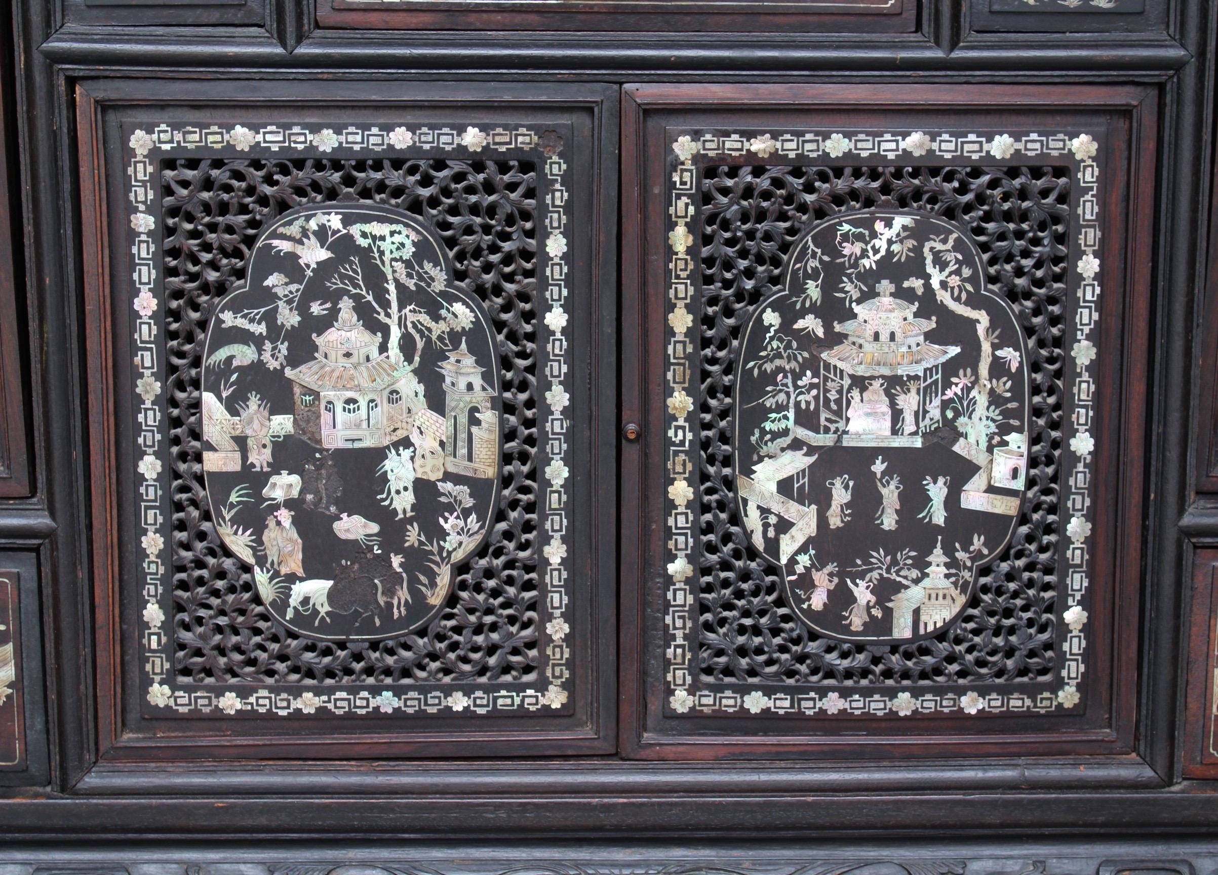 19th Century Chinese Mother-of-Pearl Inlaid and Carved Cabinet For Sale 2