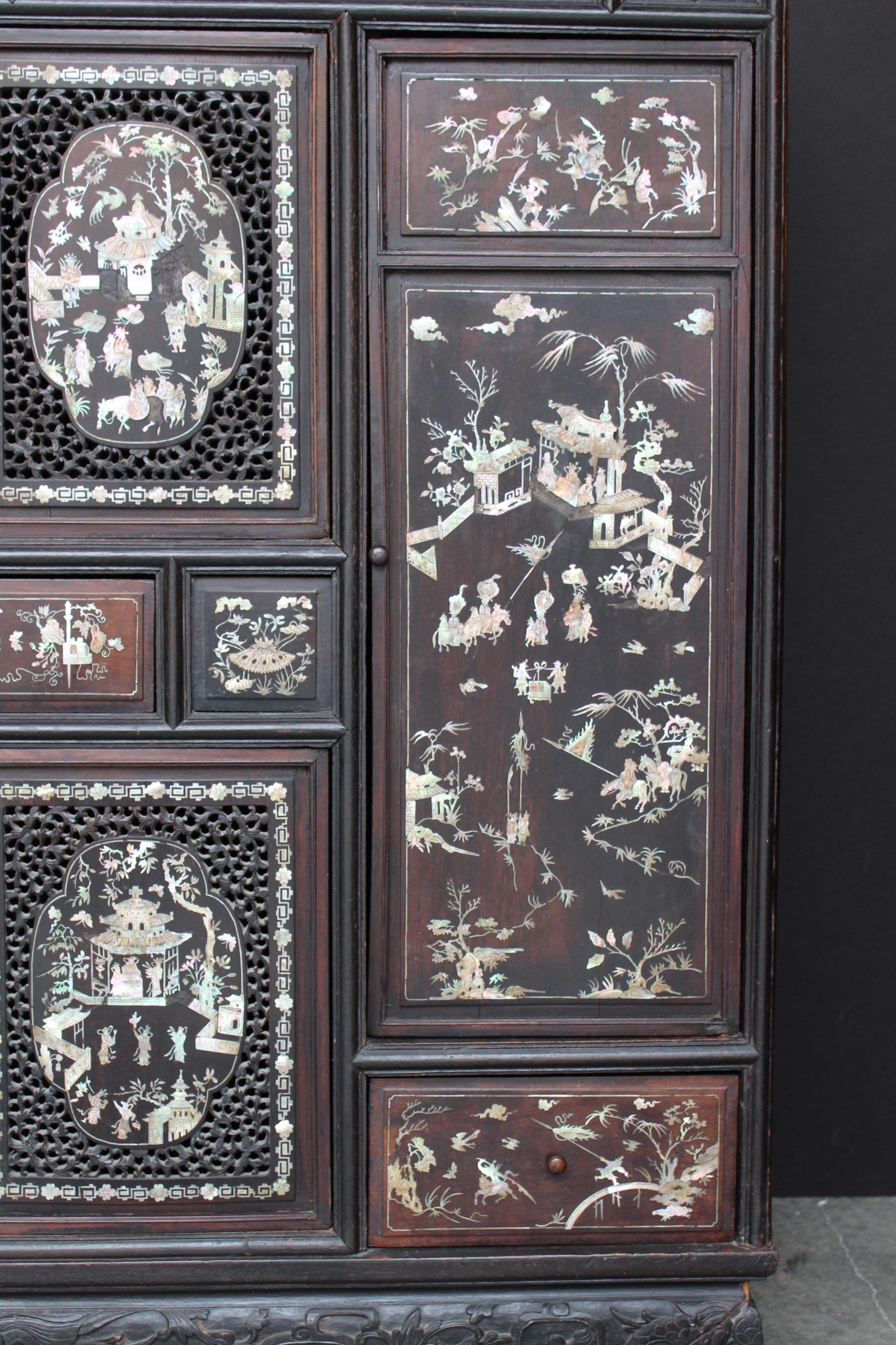 19th Century Chinese Mother-of-Pearl Inlaid and Carved Cabinet For Sale 4