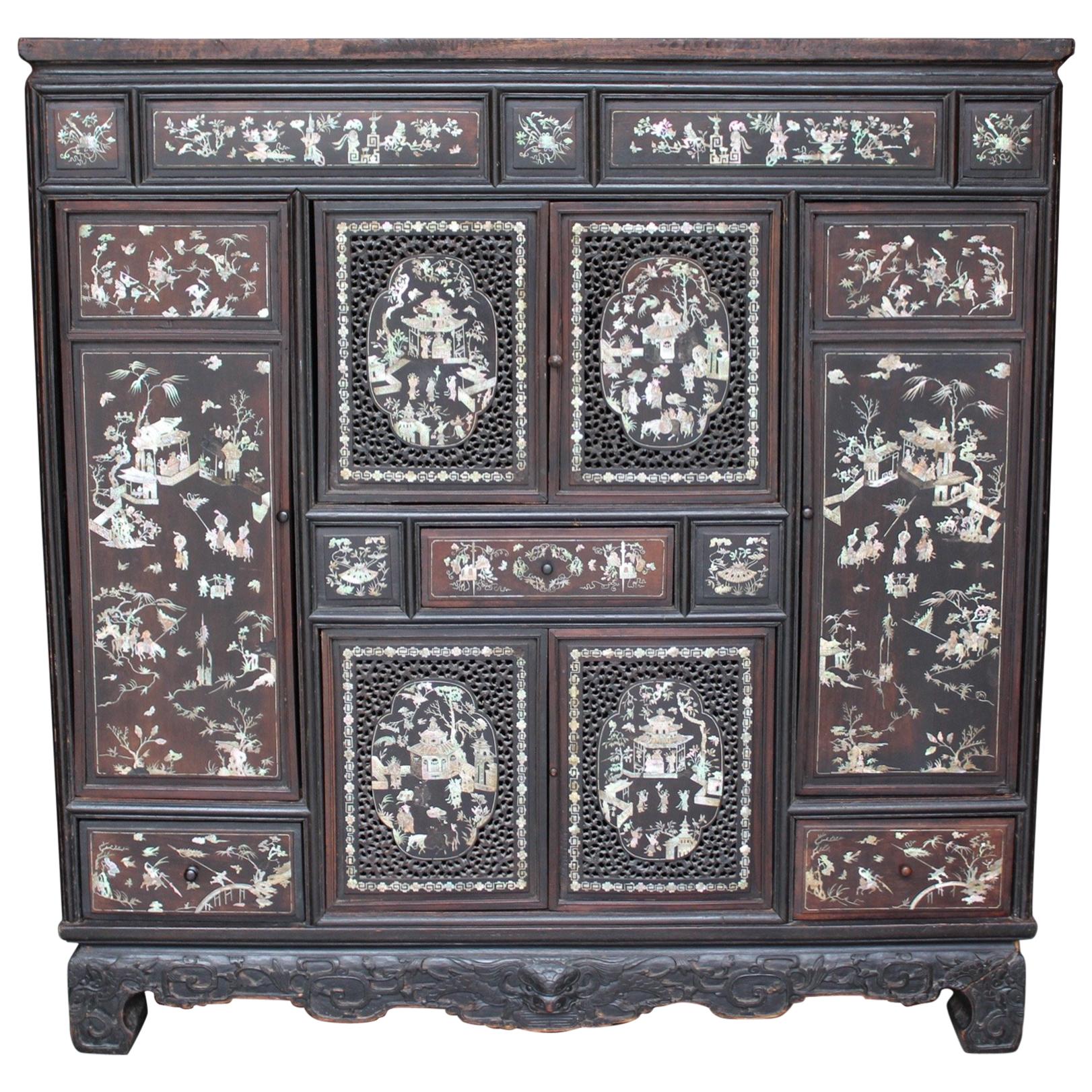 19th Century Chinese Mother-of-Pearl Inlaid and Carved Cabinet For Sale