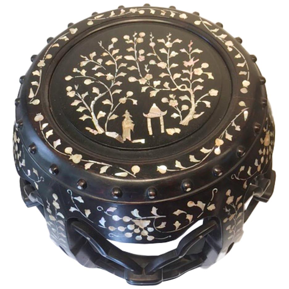 19th Century Chinese Mother of Pearl Inlaid Hardwood Garden Barrel