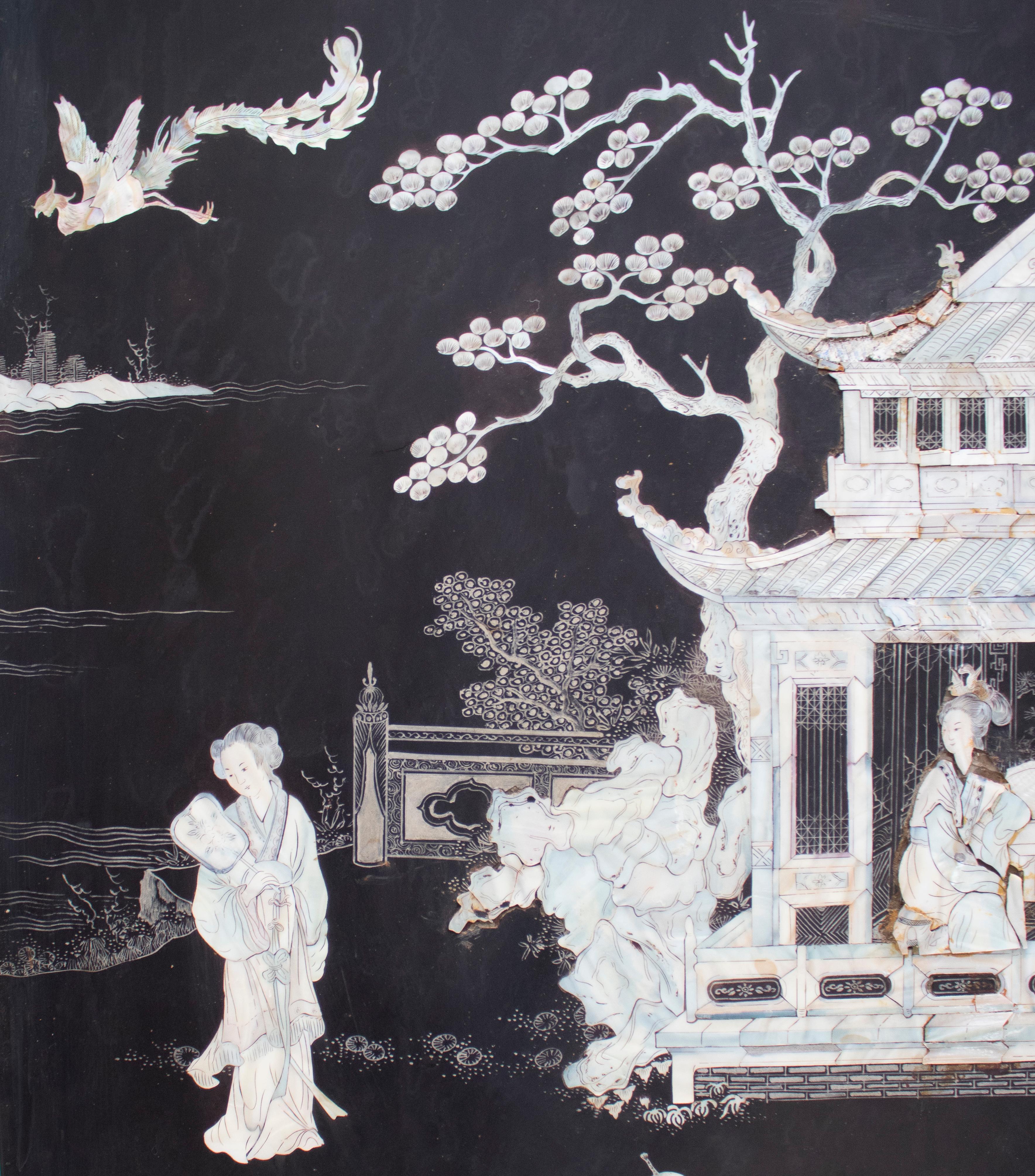 Lacquered 20th Century Chinese Mother of Pearl Inlay 4-Panel Folding Screen