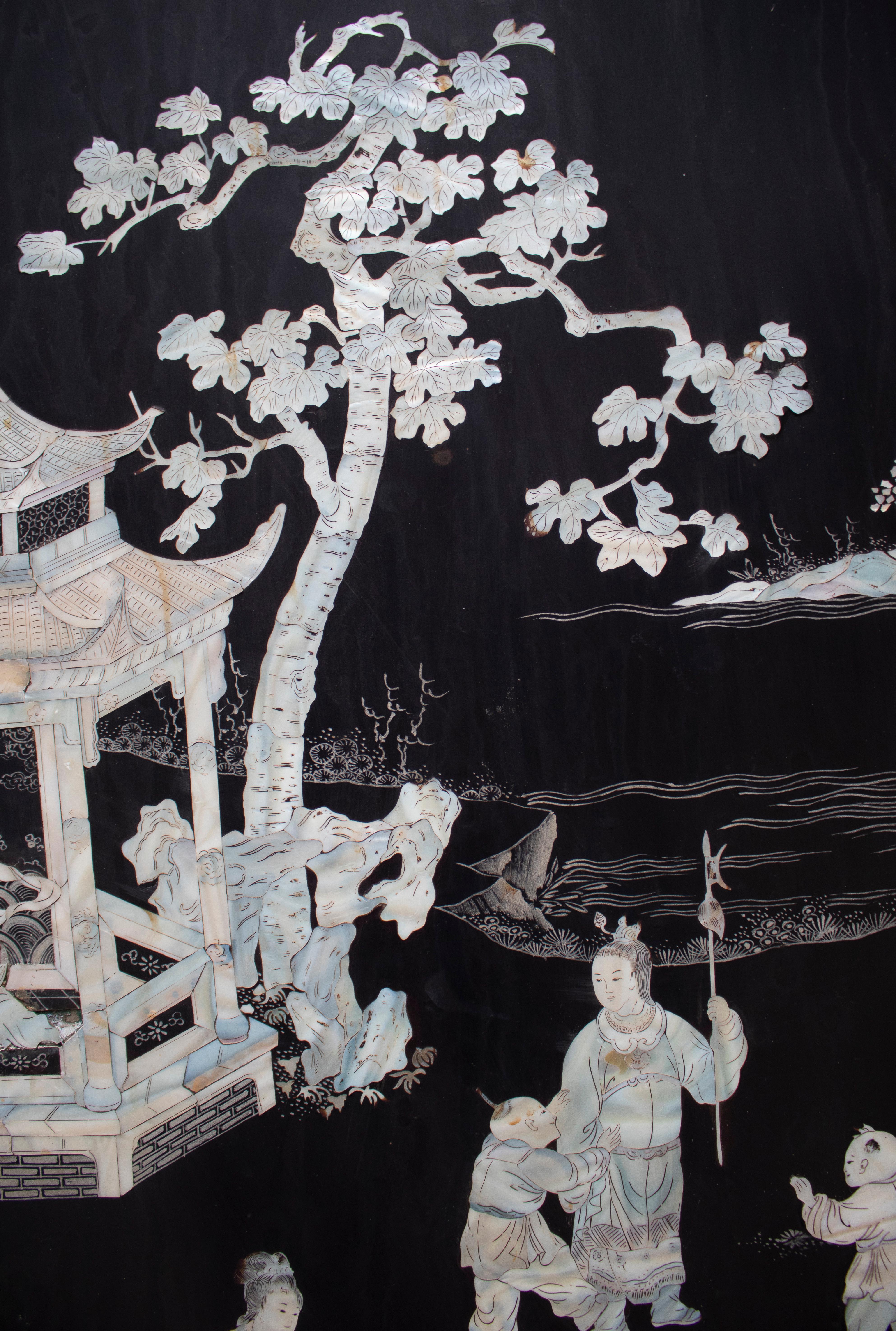 Wood 20th Century Chinese Mother of Pearl Inlay 4-Panel Folding Screen